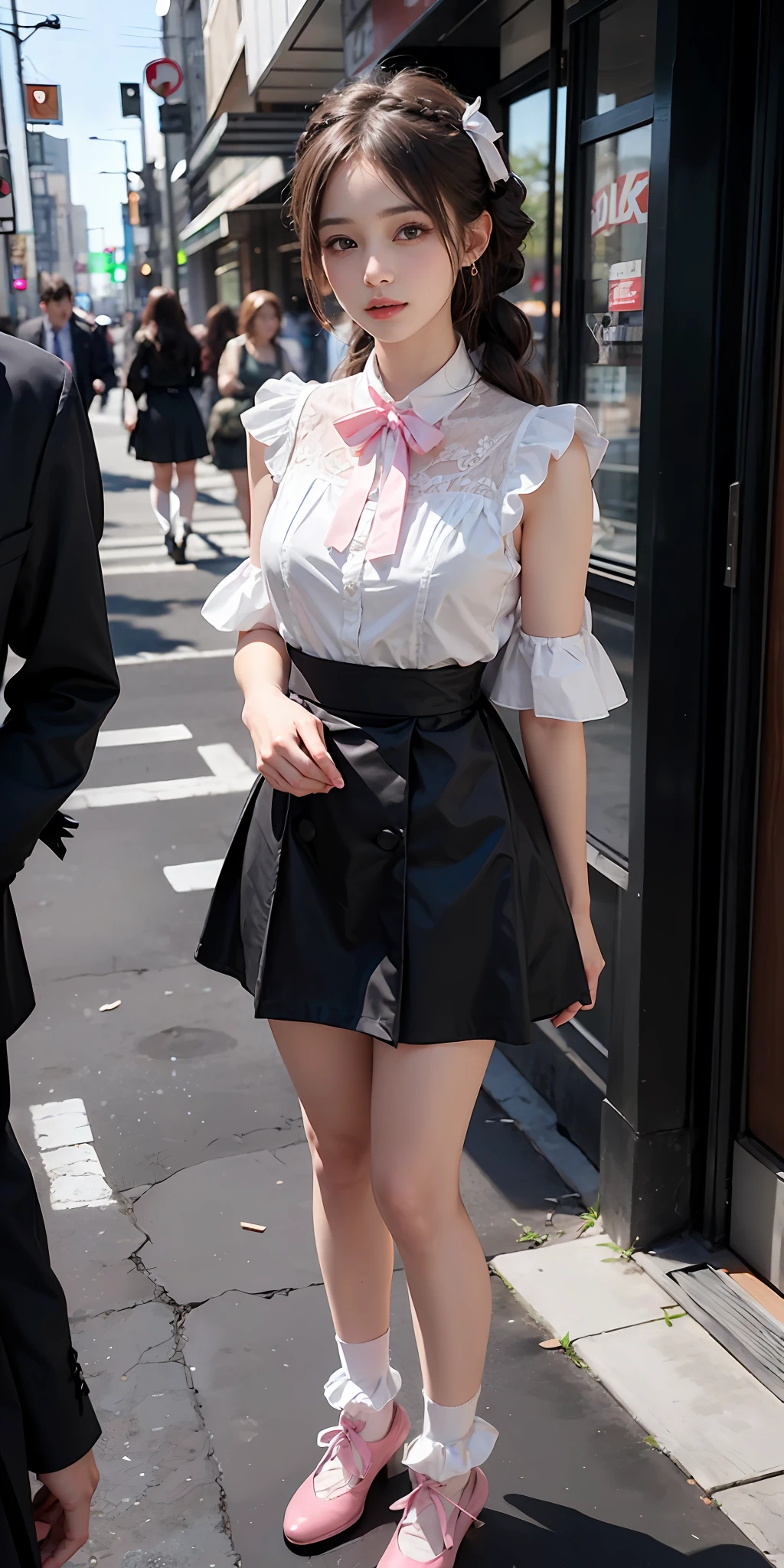 (high-detail:1.4)、(hyper realisitic:1.4)、(Smooth lighting:1.05)、32K、1womanl、Lolita fashion woman at 20 years old、Realistic lighting、Facial Lights、Ray tracing、(brightened light:1.2)、(Quality Improvement:1.4)、(Realistic textured skin of the highest quality:1.4)、fine detailed eyes、A detailed face、Fine quality eye、dark brown eyes、white backgrounid、Pink blouse with black ruffled lace、Black Ribbon Tie、Black flared miniskirt with pink ruffles、dark brown hair、Braided hair、Pink ribbon, (White Silk Socks、Fabric ruffles)、Black Strap Pumps、(is standing), Shinjuku cityscape