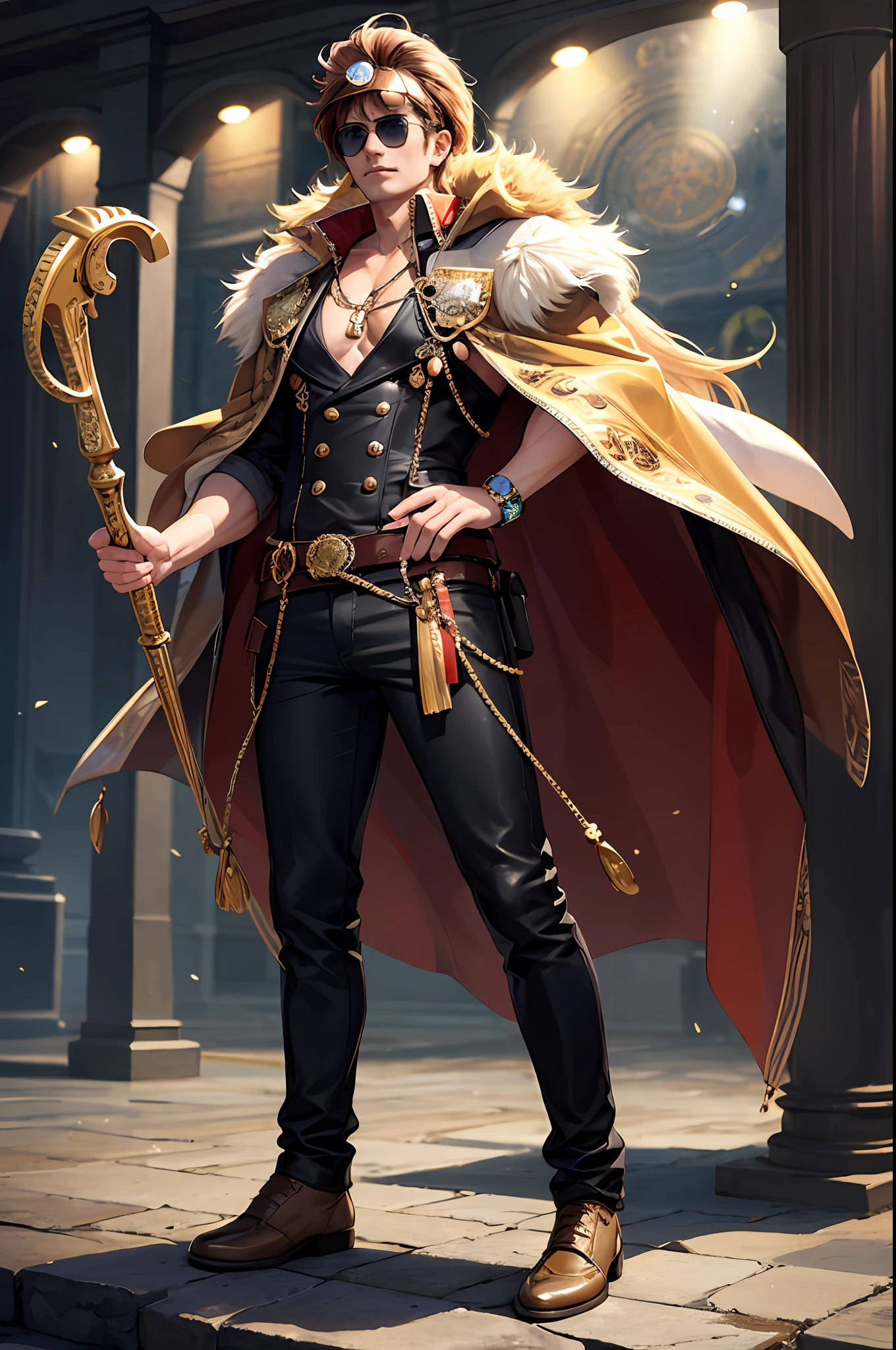 tmasterpiece, Best quality at best, Photorealsitic, Fashion lion, the Lion, glasses on head, gear wheel, Pedras preciosas, protective goggles, gold, jewely, Magic Circles,male_focus, Hooters, trouser, shoe, sun glasses, nipple tassels, thrones,