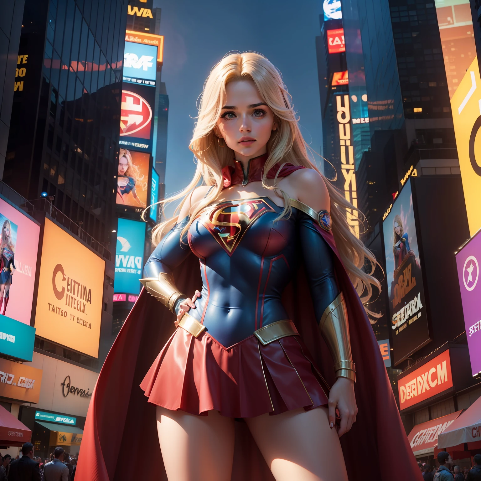 na Cidade de nova york, time square, Mulher bonita cabelo curto corpo definido seios grandes, vestindo cosplay de Supergirl