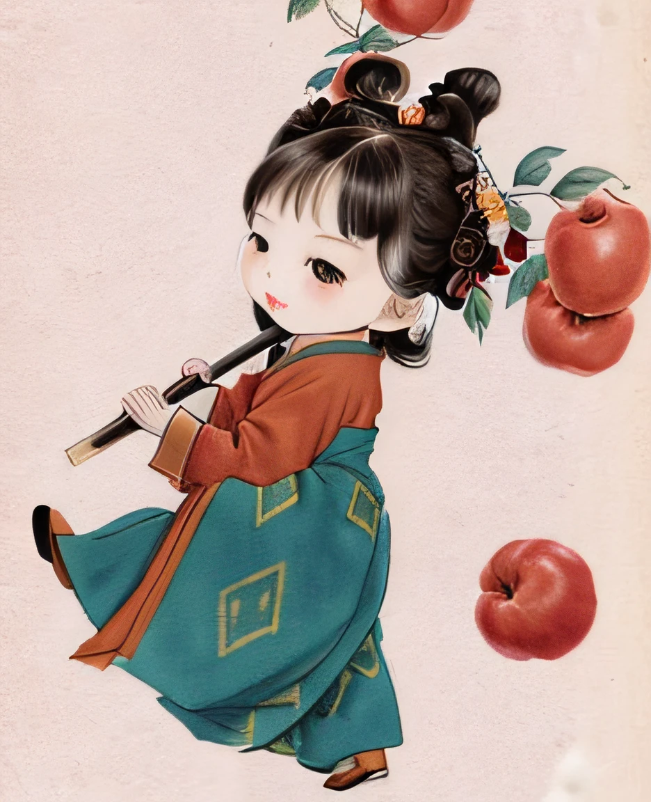 There is a painting,The drawing is of a girl, Carrying an apple tree,inspired by Lü Ji, Chinese painting style, illustration!, A beautiful artwork illustration, author:Qu Leilei, Chinese style painting, Chinese watercolor style, Palace , A girl in Hanfu, Wearing ancient Chinese clothes, Digital illustration, 🍁 Cute, she is eating a peach, Cute detailed digital art