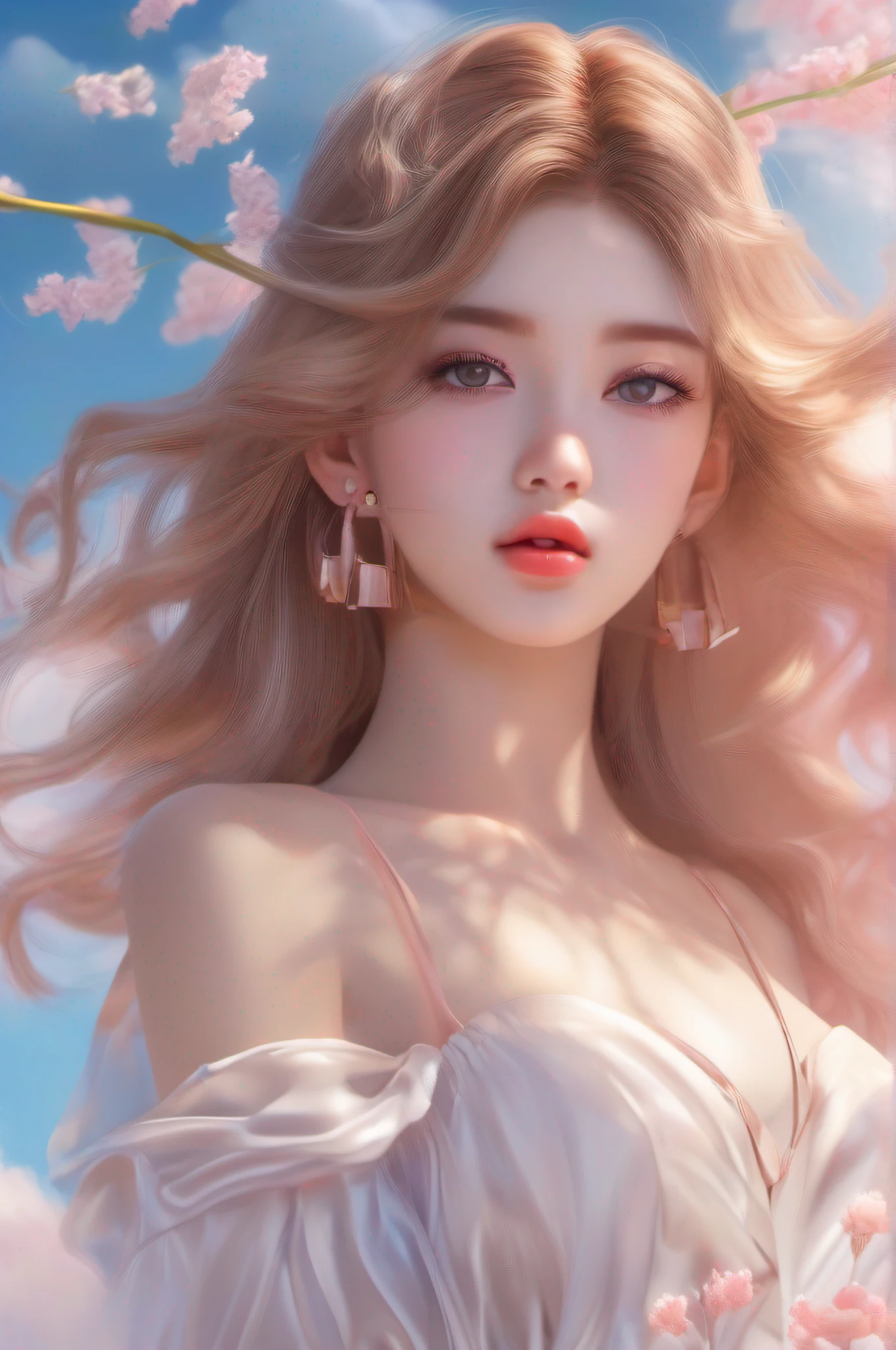 (8K, RAW photo, Photorealistic:1.25) ,( Gloss on lips, eyeslashes, glossy side, Shiny skin, Best quality, Super high resolution, Depth of field, color difference, Caustics, Special light, naturalshadow, Headwear, Kpop idol) ,in the style of light pink and light azure,(dreamy and romantic compositions:1.5),, 1girll, (Blue sky: 1.5), Tall and thin beauty goddess, floating dress, conservative girl, cloud goddess, Flowing white fabric, wearing flowing dress, Realistic, (Background with blue sky and white clouds: 1.4), Reflection, (Wind: 1.5),