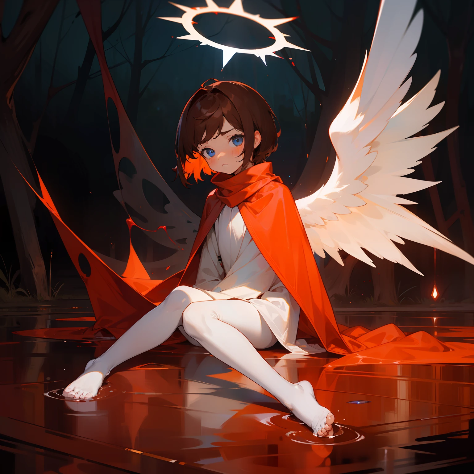 Empty eyes, blue crystal eyes, crystal like eyes, short hair, brown hair, ear length ear, fluffy hair, halo, angel wings, white long shawl, pale, barefoot with pantyhose, no shoes, pantyhose, night time, dark, glow around character, frowning, dark hair, dark brown hair, very short hair, androgynous, child, young kid, bloody, on road, bloody road, lots of blood, bloody shawl, bloody feet, empty eyes, swept bangs, looking at ground, horror. car light in background, wounds, blood, red, 2 arms, chibi, shawl covering full torso, red liquid everywhere on road and clothes, on road, trees around, car in distance, young boy, boy short hair, red liquid staining shawl, a bit of red liquid dripping from wings, toddler, sitting on ground, sitting in the middle of a road, looking at viewer, has an empty expression, no blush, no circulation in skin, nosebleed