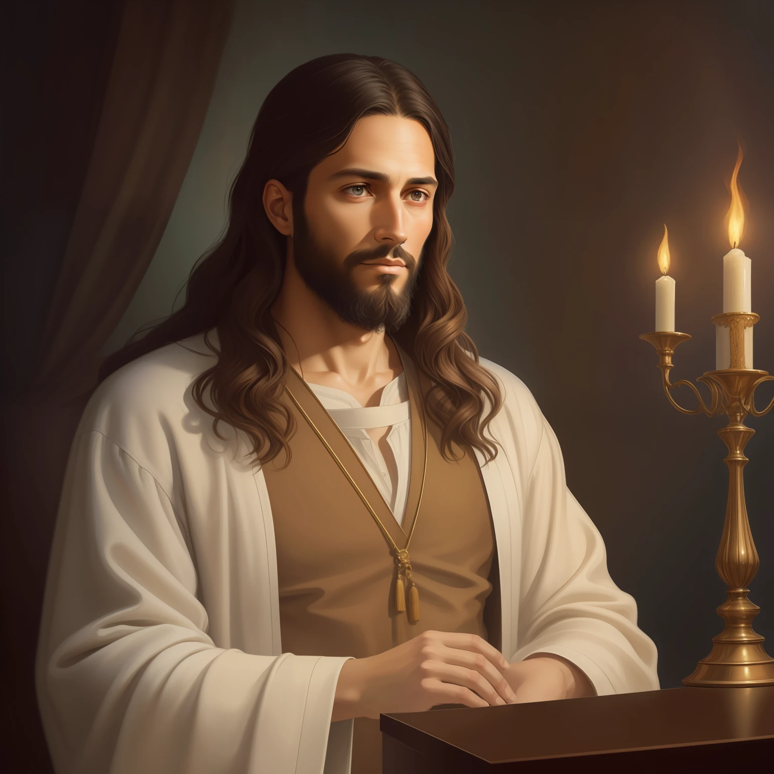 A beautiful ultra-thin realistic portrait of Jesus, the prophet, a man 33 years old Hebrew brunette, short brown hair, long brown beard, wearing long linen tunic closed on the chest part, in front view, full body, biblical, realistic,by Diego Velázquez,Peter Paul Rubens,Rembrandt,Alex Ross,8k, Concept Art, PhotoRealistic, Realistic, Illustration, Oil Painting, Surrealism, HyperRealistic, pray , Digital art, style, watercolor, natural background
