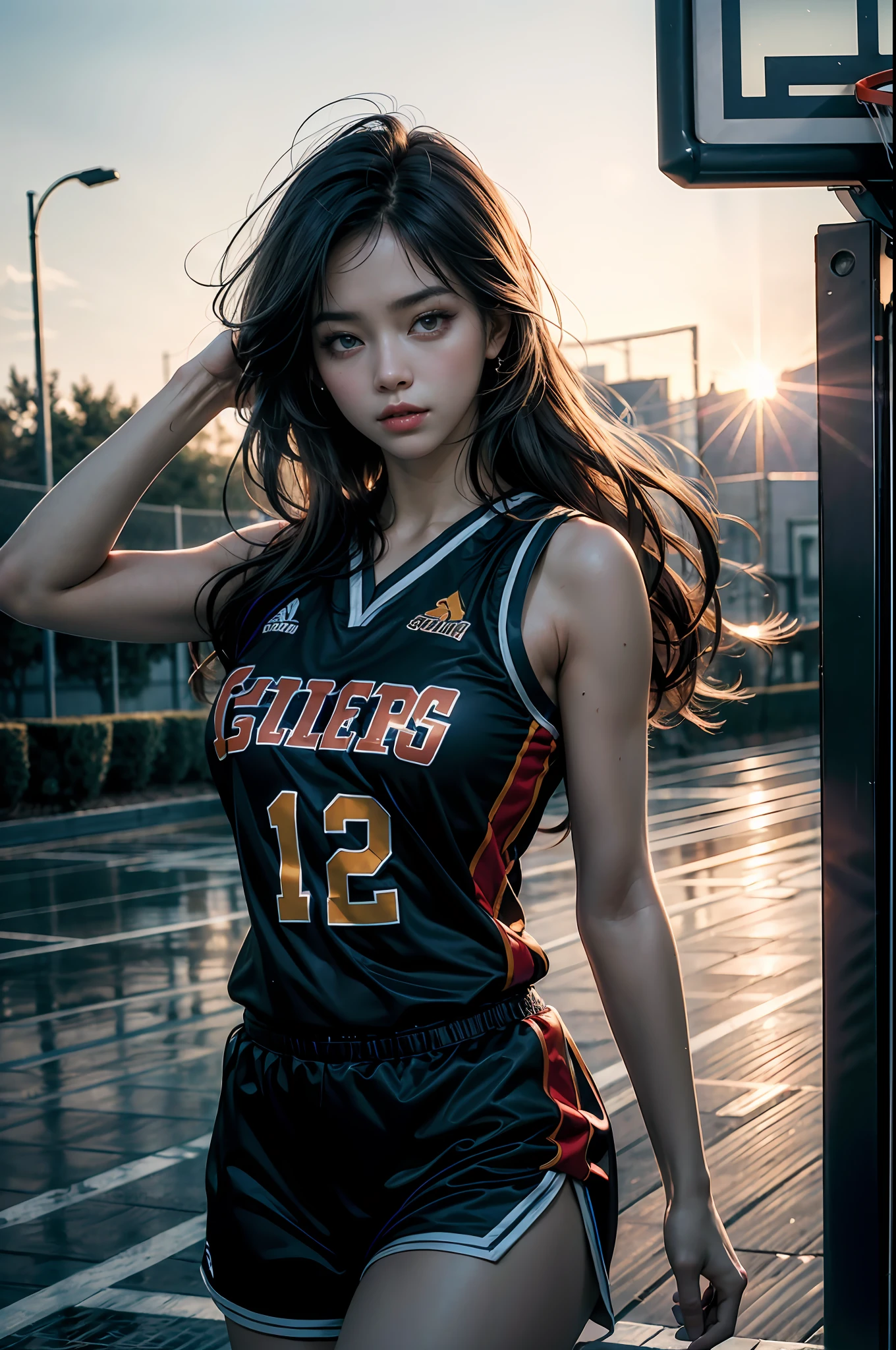 8k, Best Quality, Masterpiece: 1.2), (Realistic, Photorealistic: 1.37), Super Detailed, Best Quality, Super High Resolution, Professional Lighting, Photon Mapping, Radiosity, Physically Based Rendering, Cinematic Lighting , basketball court, depth of field, focus, sun rays, good composition, (bokeh: 1.2), 1 girl, (whole body), (closed mouth), beautiful eyes, pose, constriction, basketball uniform, black hair , messy hair, long hair blowing in the wind,(ulzzang-6500:1.2) mix4, hiqcgbody, large breasts, a littel sexy outfits