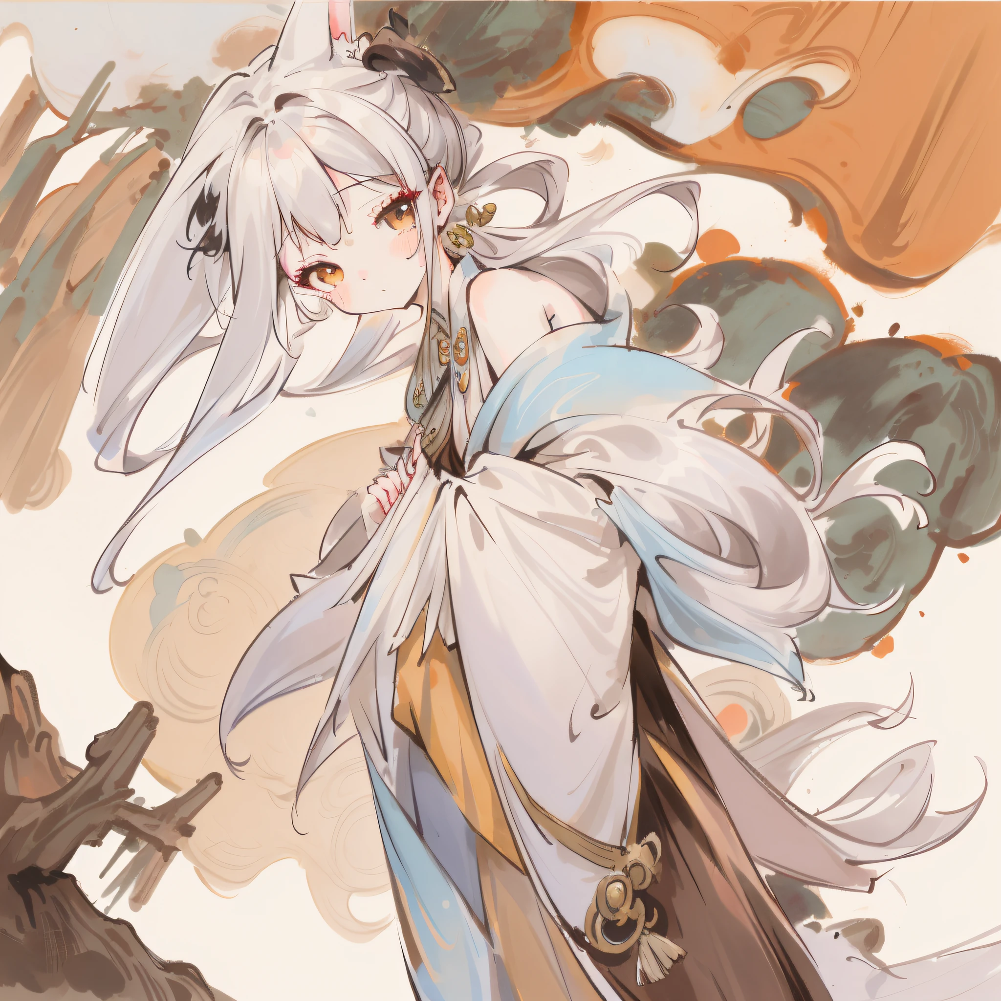 ((4K,Masterpiece,Best quality)),ink wash style, Traditional Chinese painting, , long skirt,1 rapariga, 独奏, whaite hair, long whitr hair, fox ear, exquisite facial features,sneak shot, ,cropped shoulders,upper legs,mountain water,The bird,willowy,Stream,8k