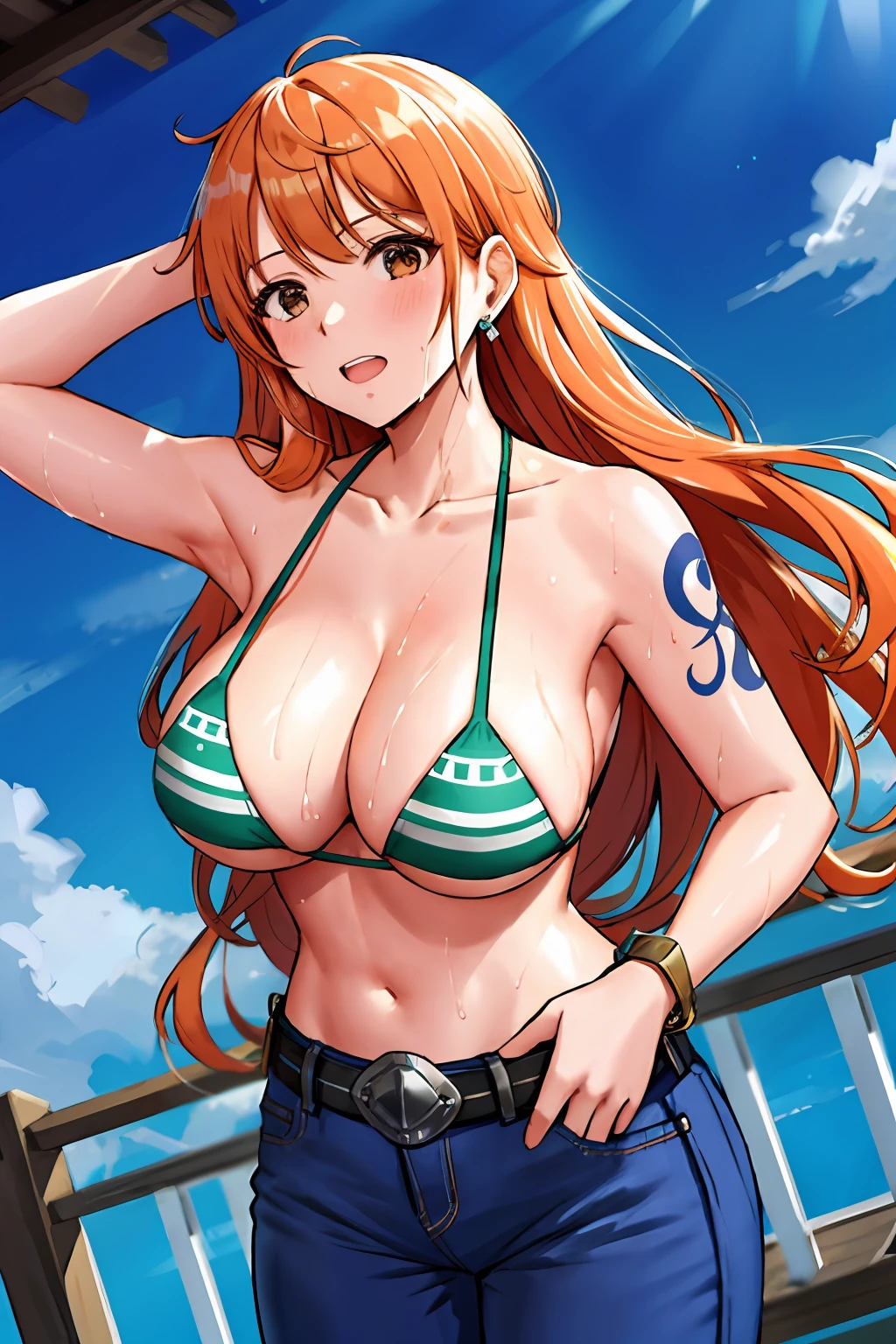 detailed background, masterpiece, 4k, best quality, late youth, adult, wrestler body, 1girl, active, energic, uppercut, (large mouth) , solo, nami \(one piece\), 1girl, bangle, (very wet, drenched in sweat, sweat all over body, very wet hair, tired, taking breath, open mouth, sweaty face, sweaty body, panting, sweating too much, shiny sweat, sweat stains, leaning forward, tilting, waving good bye with both hands), perfect detailed face, bold drawing lines, muscular arms, detailed bold arm lines, flat jaw, adult woman, wavy wide streaked bangs, very long left side bangs, floating bang streaks, (big cheeks), bare shoulders, off-shoulders, belt, bikini, bikini top only, blue sky, bracelet, springy breasts, breast lines, big round eyes, plain big brown shiny eyes, bubbles, high eye position, cleavage, cloud, day, denim, earrings, floating hair, shiny hair, green belt, green bikini, bold groin lines, jeans, jewelry, large breasts, log pose, long hair, looking at viewer, navel, wet hair, orange hair, pants, shoulder tattoo, sidelocks, sky, solo, standing, stomach, swimsuit, tattoo , looking at viewer, open mouth, detailed left arm, big forehead, hourglass figure, small head, toned body, wide hair, wind effect, sun effect, under the sun, narrow small ears angle, older, random poses,