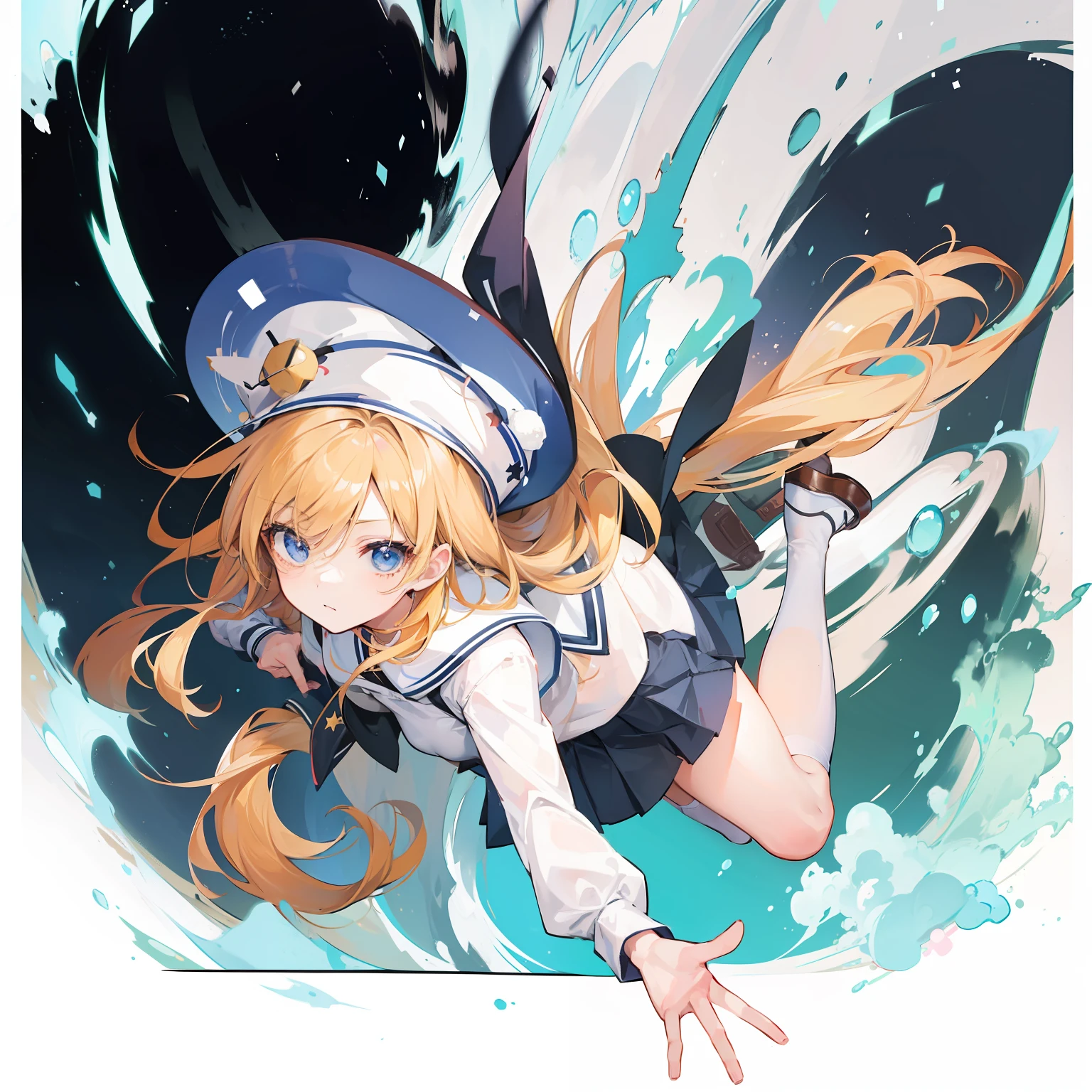 Cartoon of woman holding hat and backpack in the air, 1girl in, Solo, Marisa Drizzle, School uniform, Just flat, The hair , Skirt, shoes, serafuku, sox, mary janes, White background, Simple background, alternate costume, Long sleeves, a blond, upper bod, Looking at Viewer, Long hair