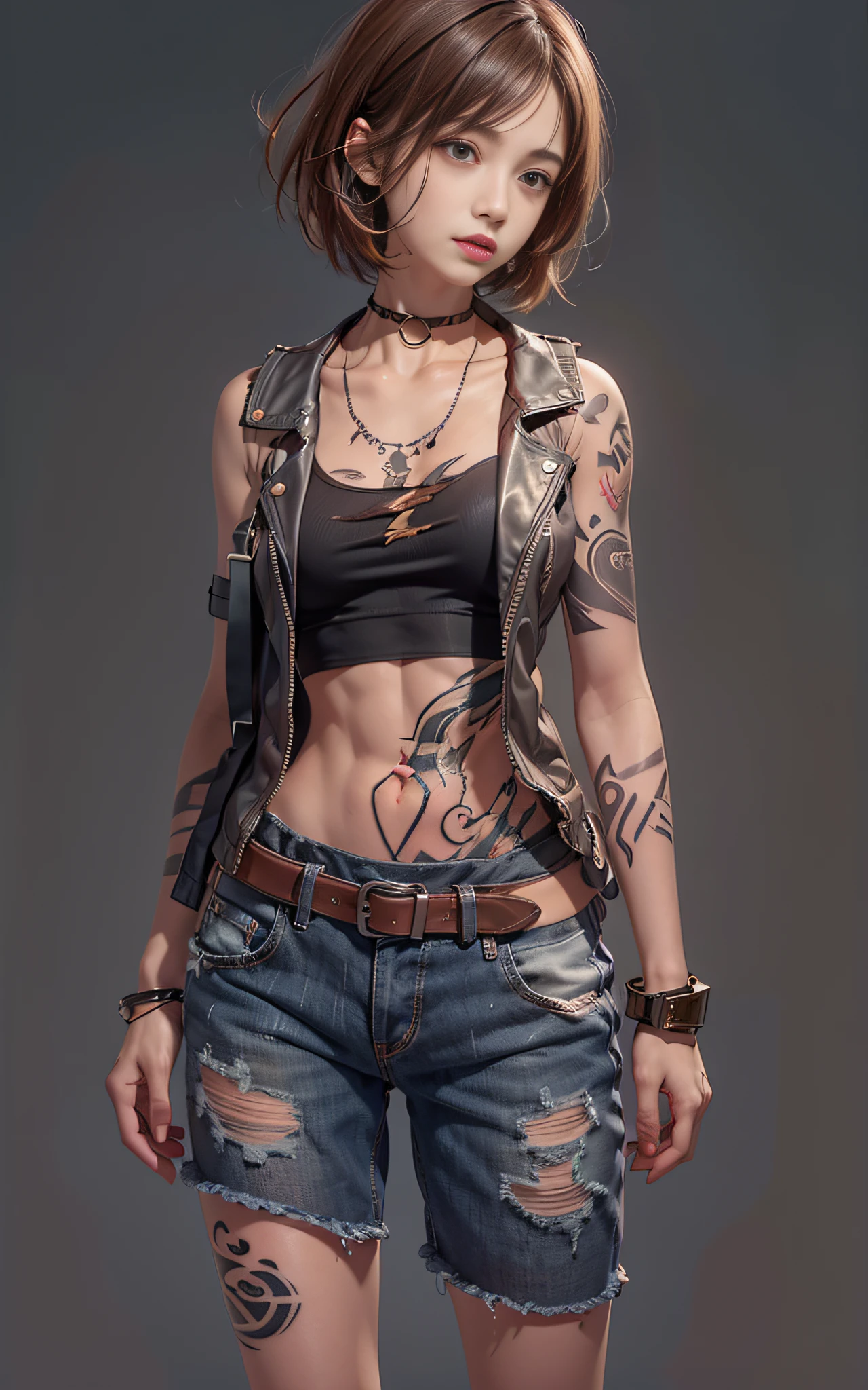 ((medium breast, tomboy girls, small head)),  (chiseled abs : 1.1), (perfect body : 1.1), (short wavy hair : 1.2) , auburn hair, collar, chain, full body shot, crowded street, wearing tanktop, jeans jacket, (torn clothes:1.3)((shorts)), (extremely detailed CG 8k wallpaper), (an extremely delicate and beautiful), (masterpiece), (best quality:1.0), (ultra highres:1.0),  beautiful lighting ,perfect lightning, realistic shadows, [highres], detailed skin, ultra-detailed (((colorful))),(tattoo all:1.5),