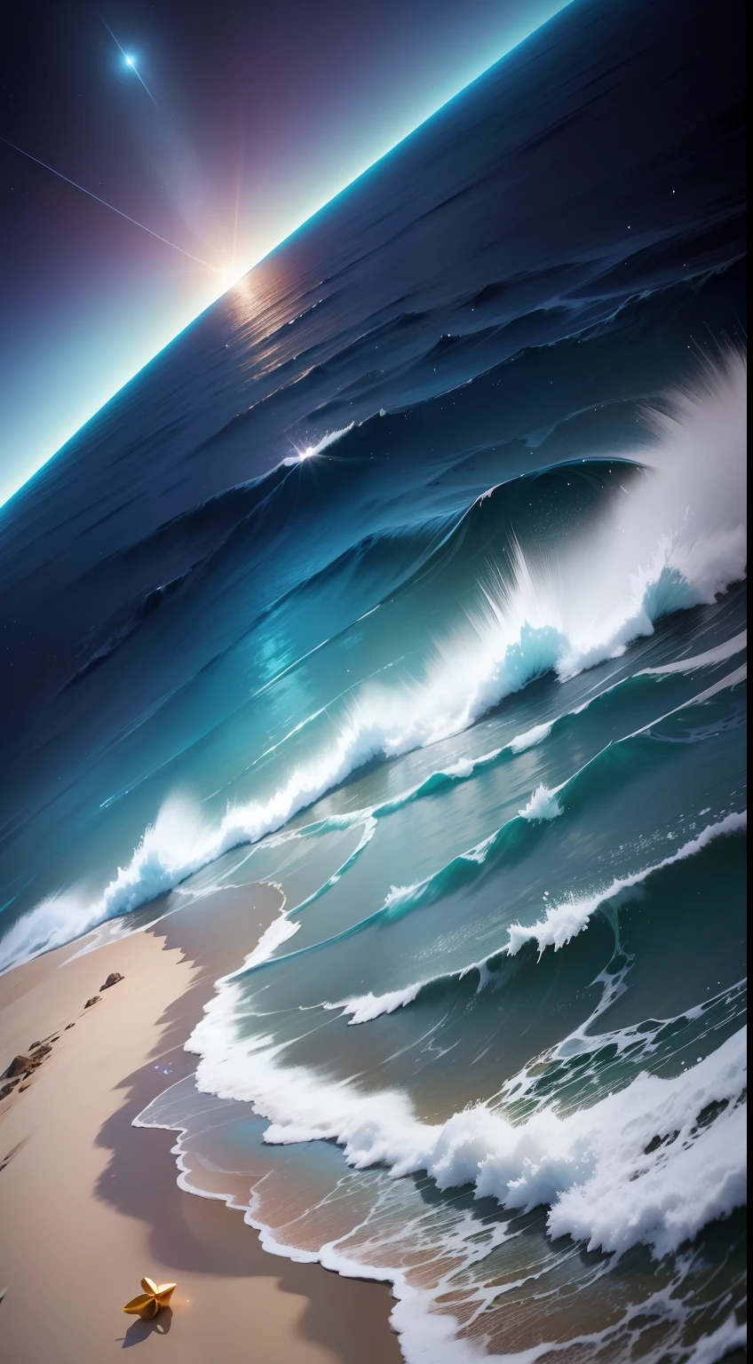 Uma praia azul brilhando com as luzes das estrelas, The water reflected the brightness of the stars, com pequenas ondas tranquilas, mar sem fim, noite, coqueiros longos, areia fina e minimamente brilhante, Obra-prima, melhor qualidade, (papel de parede 8k de unidade CG muito detalhado) (melhor qualidade), (best illustration), (melhores sombras)