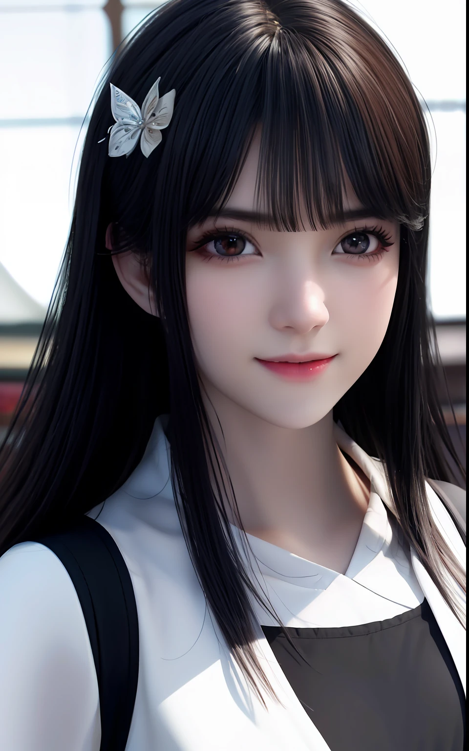 ulzzang -6500-v1.1, (Photorealsitic:1.4), animesque、anime styled、ssmile、portraitures、Beautiful, Moist eyes like clear glass、Beautiful detailed woman, extremely detailed eye and face, Beautiful detailed eyes, Red-brown hair、huge filesize, ultra-detailliert, hight resolution, ighly detailed, top-quality, masterpiece, illustratio, ighly detailed, nffsw, unification, 8k wallpaper, splendid, finely detail, masterpiece, top-quality, Highly detailed ticker uniform 8K wallpaper, Light on the Face、电影灯光、19-year-old girl