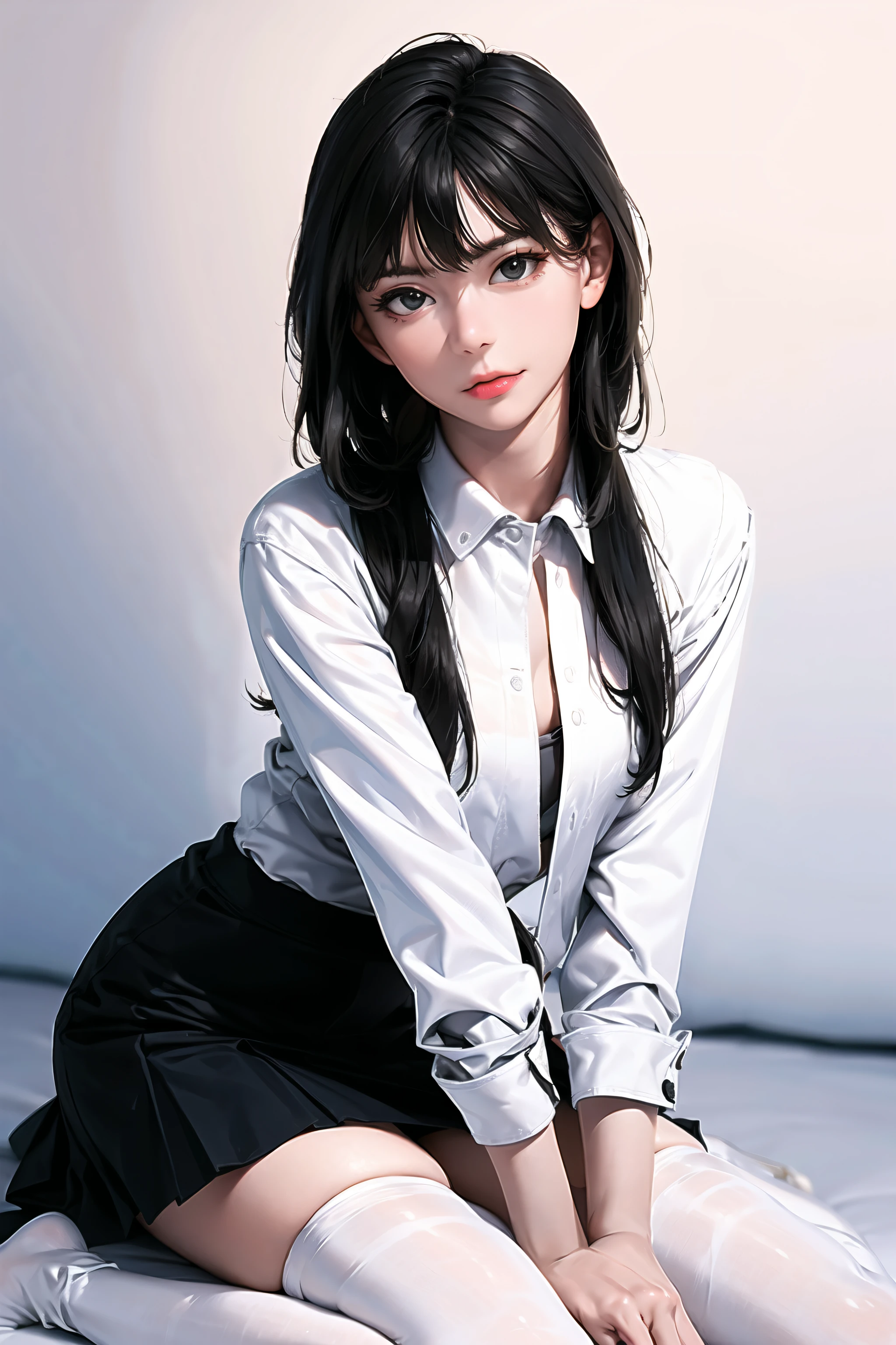 ((masterpiece, best_quality)), 1girl, (photorealistic:1.4),  solo, white_background, black_hair, long_hair,   zettai_ryouiki, skirt, ((full_body)),
