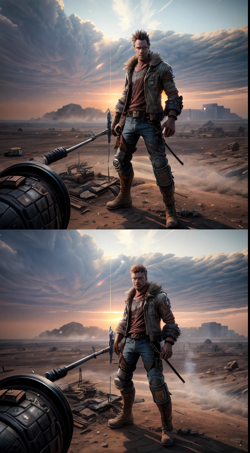 A Punk from the Wasteland stands in the middle of the Wasteland, engulfed in swirling dust storms. The camera zooms in on a man, capturing the intensity in his eyes, when he looks into the distance. The details of his weathered clothes and makeshift armor become clearer with each zoom, exposing a patchwork quilt of materials, stitched together. When the zoom reaches its peak, The focus shifts to his hands, who are holding salvaged weapons, demonstrating the character's resourcefulness and survival skills. The hint is implemented in the style of 3D sculpture, Using a combination of modeling and texturing techniques to bring the character and environment to life.