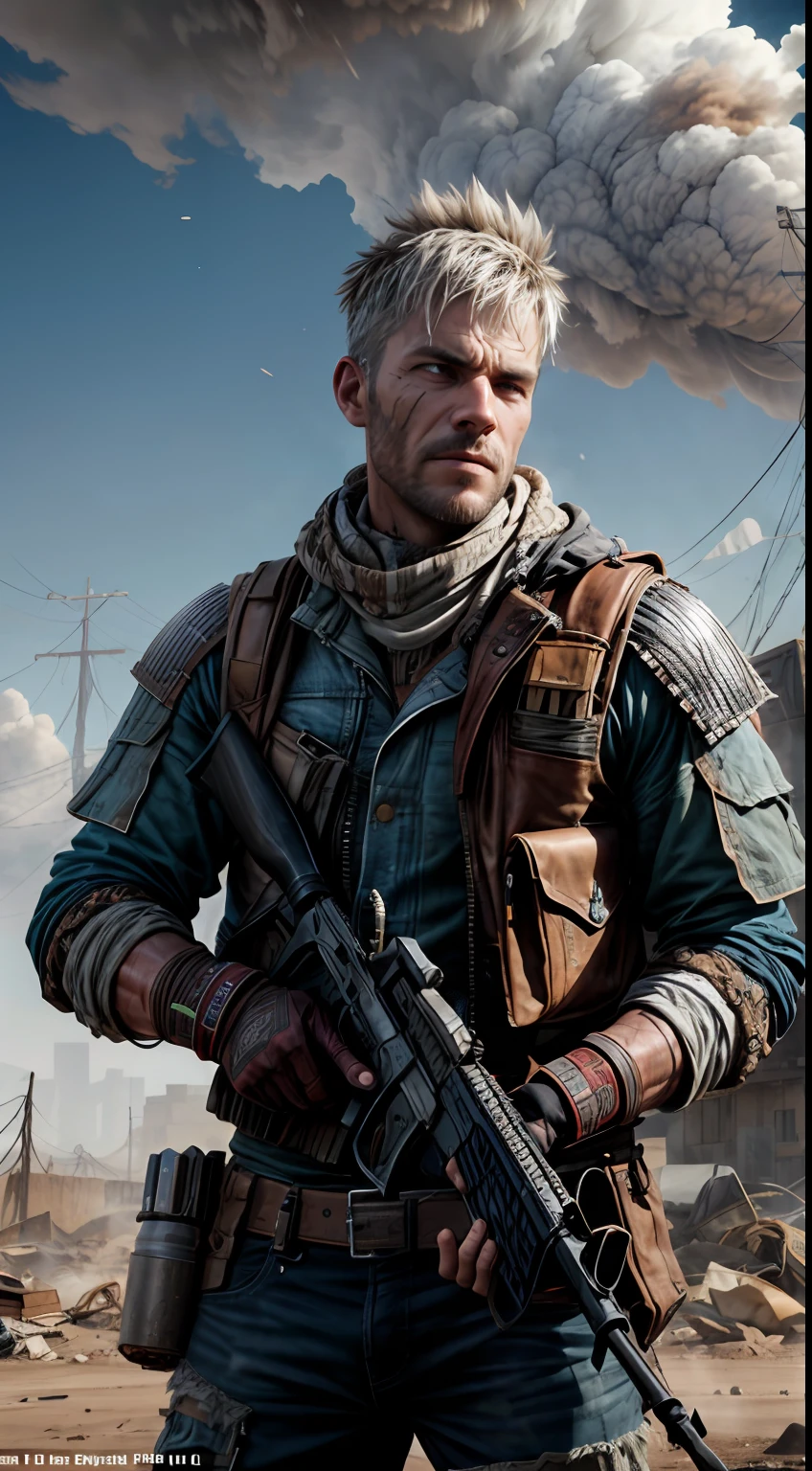 A Punk from the Wasteland stands in the middle of the Wasteland, engulfed in swirling dust storms. The camera zooms in on a man, capturing the intensity in his eyes, when he looks into the distance. The details of his weathered clothes and makeshift armor become clearer with each zoom, exposing a patchwork quilt of materials, stitched together. When the zoom reaches its peak, The focus shifts to his hands, who are holding salvaged weapons, demonstrating the character's resourcefulness and survival skills. The hint is implemented in the style of 3D sculpture, Using a combination of modeling and texturing techniques to bring the character and environment to life.