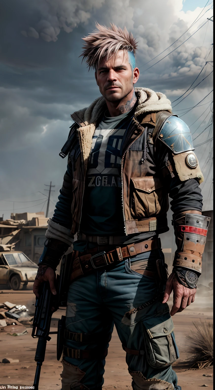 A Punk from the Wasteland stands in the middle of the Wasteland, engulfed in swirling dust storms. The camera zooms in on a man, capturing the intensity in his eyes, when he looks into the distance. The details of his weathered clothes and makeshift armor become clearer with each zoom, Patchwork quilt exposure made of materials, sewn together. When the zoom reaches its peak, The focus shifts to his hands, who hold disposed weapons in their hands, demonstration of the character's resourcefulness and survival skills. The hint is implemented in the style of 3D sculpture, Using a combination of modeling and texturing techniques to bring the character and environment to life.