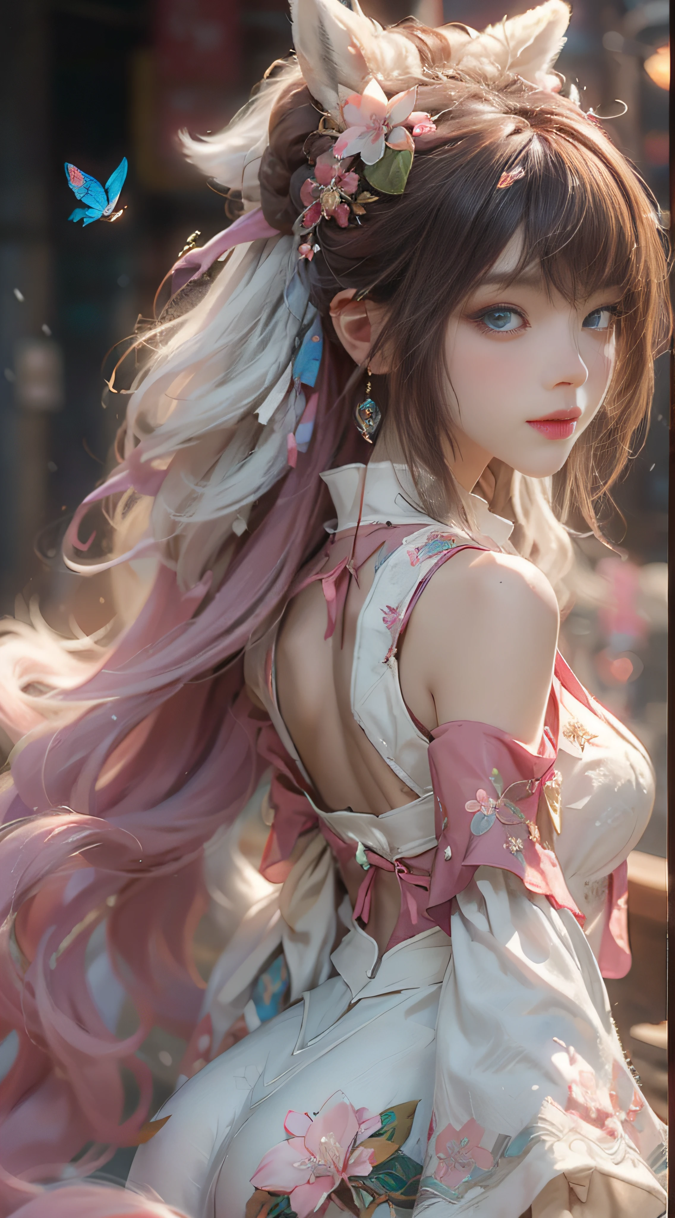 ((best qualtiy)), ((tmasterpiece)), (detail:1.4), Beautiful cyberpunk female images,hdr(HighDynamicRange),Ray traching,NVIDIA RTX,Hyper-Resolution,illusory 5,sub surface scattering,PBR textures,post-proces,Anisotropy Filtering,depth of fields,maximum definition and sharpness,Many-Layer Textures,Albedo e mapas Speculares,Surface coloring,Mitsu-Accurate simulation of material interactions,perfectly proportioned,rendering by octane,Two-colored light,largeaperture,Low ISO,White balance,Rule three points、8K raw data、Beautiful bright blue pupils,off-the-shoulder clothes,Fine pupils,Delicate face and eyes,long eyelasher,Blushlush,Delicate and fluffy hair,pink lip,Pure,Cute face,Sweet girl,Artistic sense,Casual wear,Advancedsense,butterflys,Cherry blossom petal,Beautiful hair accessories,Long hair and waist,Hair fluttering in the wind,Snow-white fox ears,curlies,Snow-white fluffy tail,Positive light,The light from the back window is backlighted