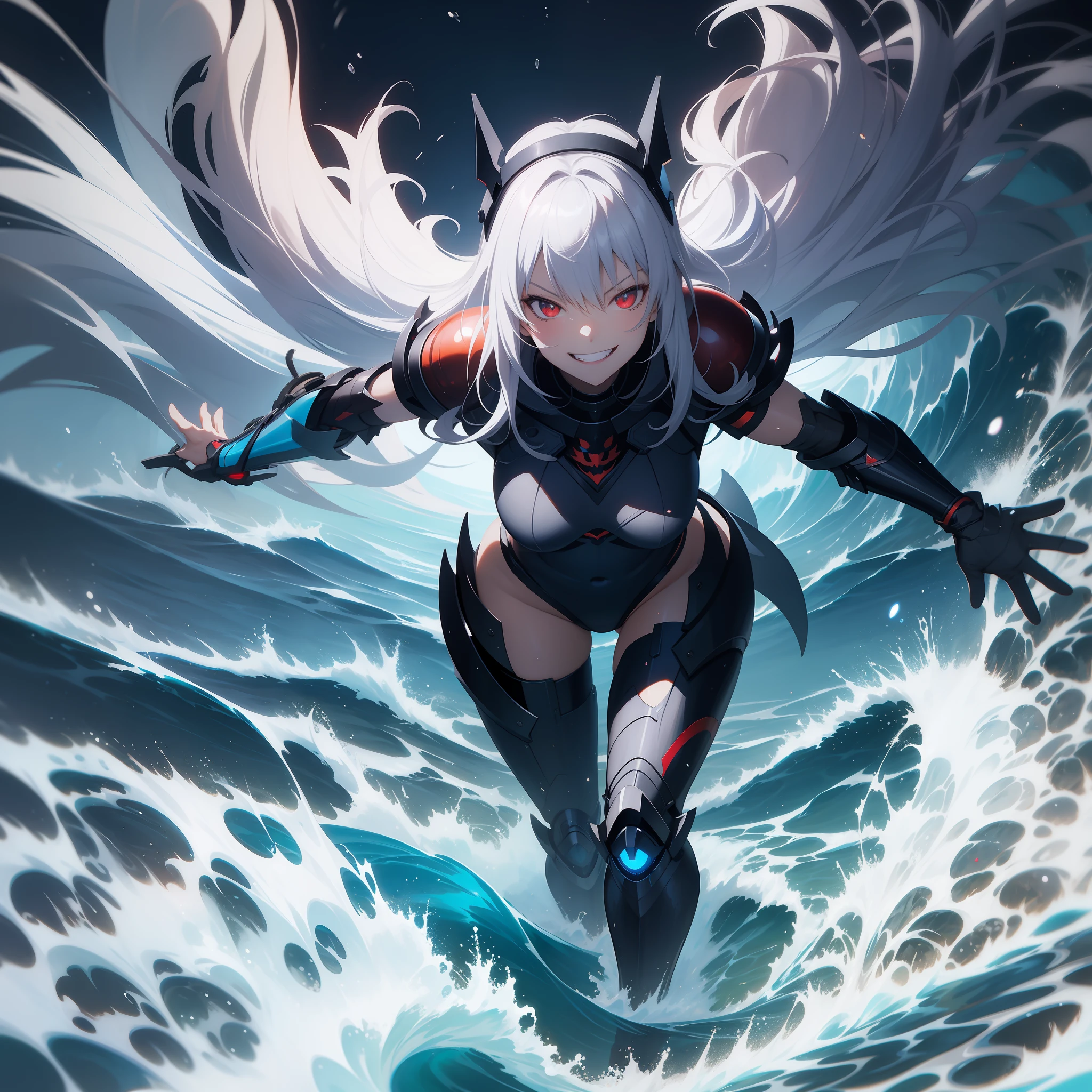 masutepiece, Best Quality, hyper detailed illustration,beautiful artwork,Anime girl in black and white costume riding the waves, artgerm and atey ghailan, krenz cushart and artgerm, by krenz cushart, 2. 5 d cgi anime fantasy artwork, cushart krenz key art feminine, character splash art, Trending on ArtStation pixiv,(Tsurime:1.5),(eyes glowing red),(Blue and black armor),(The bikini),(Thigh Armor),(evil smile:1.5),(double tooth:1.3)