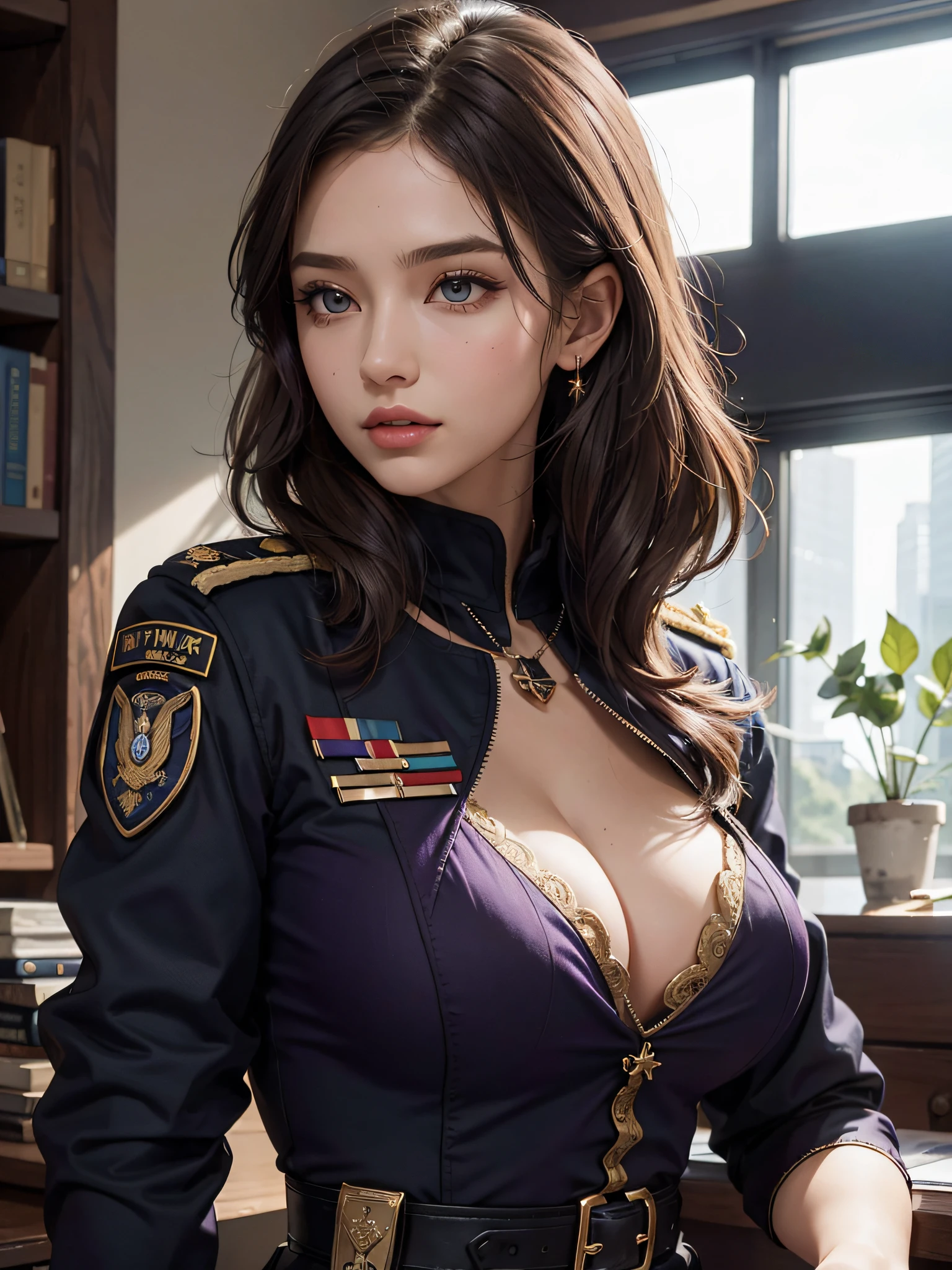 woman（The upper part of the body：1.2 1girl，tmasterpiece，best qualityer，Hyper-detailing，illustratio，Fine and detailed eyes and detailed face） garments：army suit，Medal of Honor，Badges，General of special forces， allure：brunette color hair，Natural makeup，（Purple eye：1.05），Medium chest，Cleavage is seductive，maternal，looking at viewert，curvy build，Raised sexy，（a matural female，A MILF：1.1），独奏，（curves：1.1），A MILF，Military Office Background