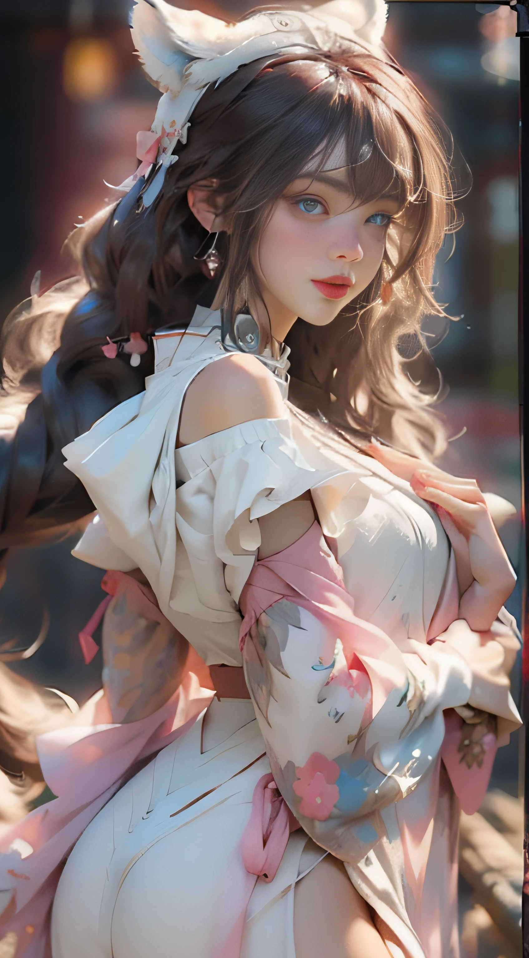 ((best qualtiy)), ((tmasterpiece)), (detail:1.4), Beautiful cyberpunk female images,hdr(HighDynamicRange),Ray traching,NVIDIA RTX,Hyper-Resolution,illusory 5,sub surface scattering,PBR textures,post-proces,Anisotropy Filtering,depth of fields,maximum definition and sharpness,Many-Layer Textures,Albedo e mapas Speculares,Surface coloring,Mitsu-Accurate simulation of material interactions,perfectly proportioned,rendering by octane,Two-colored light,largeaperture,Low ISO,White balance,Rule three points、8K raw data、Beautiful bright blue pupils,off-the-shoulder clothes,Fine pupils,Delicate face and eyes,long eyelasher,Blushlush,Delicate and fluffy hair,pink lip,Pure,Cute face,Sweet girl,Artistic sense,Casual wear,Advancedsense,butterflys,Cherry blossom petal,Beautiful hair accessories,Long hair and waist,Hair fluttering in the wind,Snow-white fox ears,curlies,Snow-white fluffy tail,Positive light,The light from the back window is backlighted