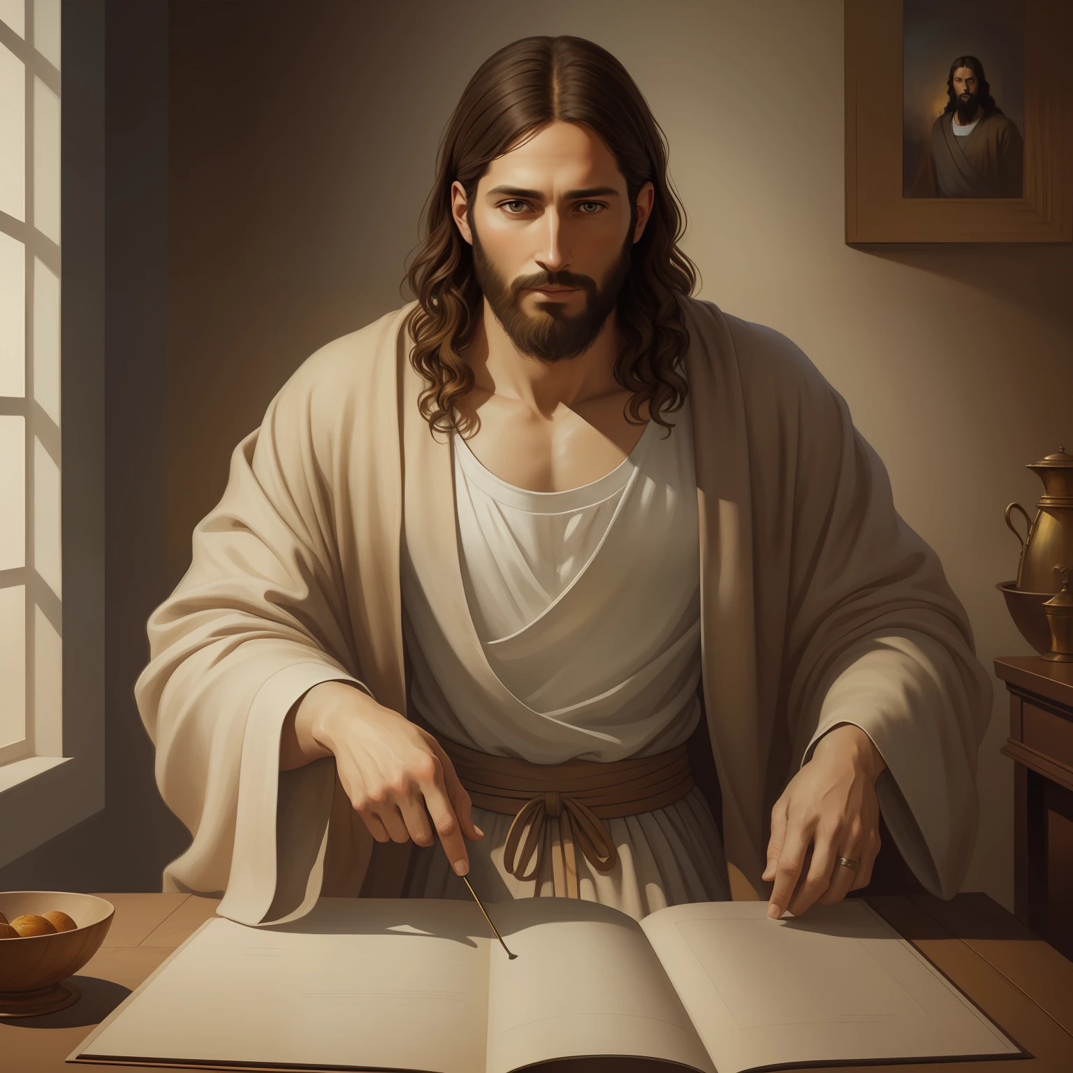 A beautiful ultra-thin realistic portrait of Jesus, the prophet, a man 33 years old Hebrew brunette, short brown hair, long brown beard, wearing long linen tunic closed on the chest part, in front view, full body, biblical, realistic,by Diego Velázquez,Peter Paul Rubens,Rembrandt,Alex Ross,8k, Concept Art, PhotoRealistic, Realistic, Illustration, Oil Painting, Surrealism, HyperRealistic, pray , Digital art, style, watercolor, natural background