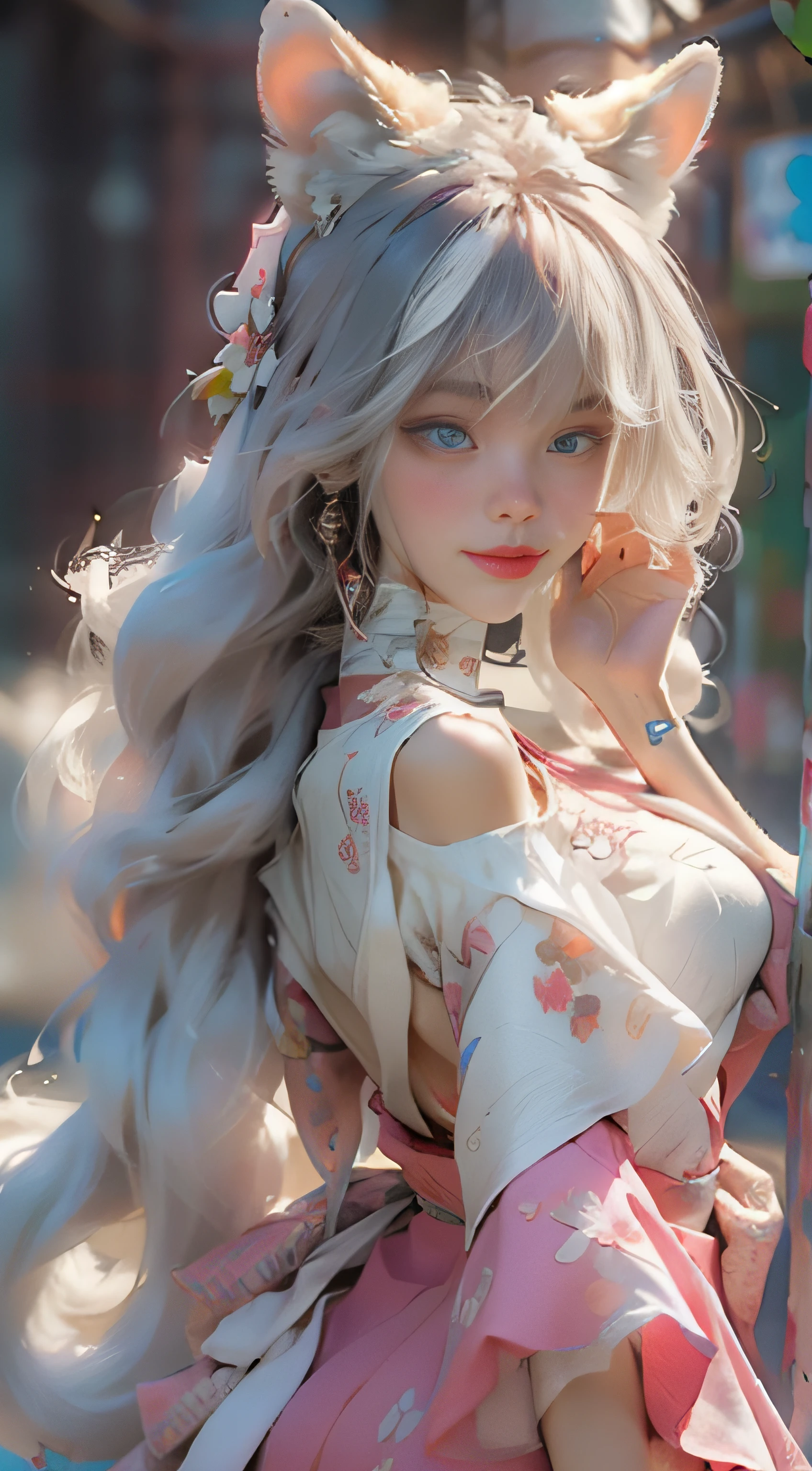 ((best qualtiy)), ((tmasterpiece)), (detail:1.4), Beautiful cyberpunk female images,hdr(HighDynamicRange),Ray traching,NVIDIA RTX,Hyper-Resolution,illusory 5,sub surface scattering,PBR textures,post-proces,Anisotropy Filtering,depth of fields,maximum definition and sharpness,Many-Layer Textures,Albedo e mapas Speculares,Surface coloring,Mitsu-Accurate simulation of material interactions,perfectly proportioned,rendering by octane,Two-colored light,largeaperture,Low ISO,White balance,Rule three points、8K raw data、Beautiful bright blue pupils,off-the-shoulder clothes,Fine pupils,Delicate face and eyes,long eyelasher,Blushlush,Delicate and fluffy hair,pink lip,Pure,Cute face,Sweet girl,Artistic sense,Casual wear,Advancedsense,butterflys,Cherry blossom petal,Beautiful hair accessories,Long hair and waist,Hair fluttering in the wind,Snow-white fox ears,curlies,Snow-white fluffy tail,Positive light,The light from the back window is backlighted