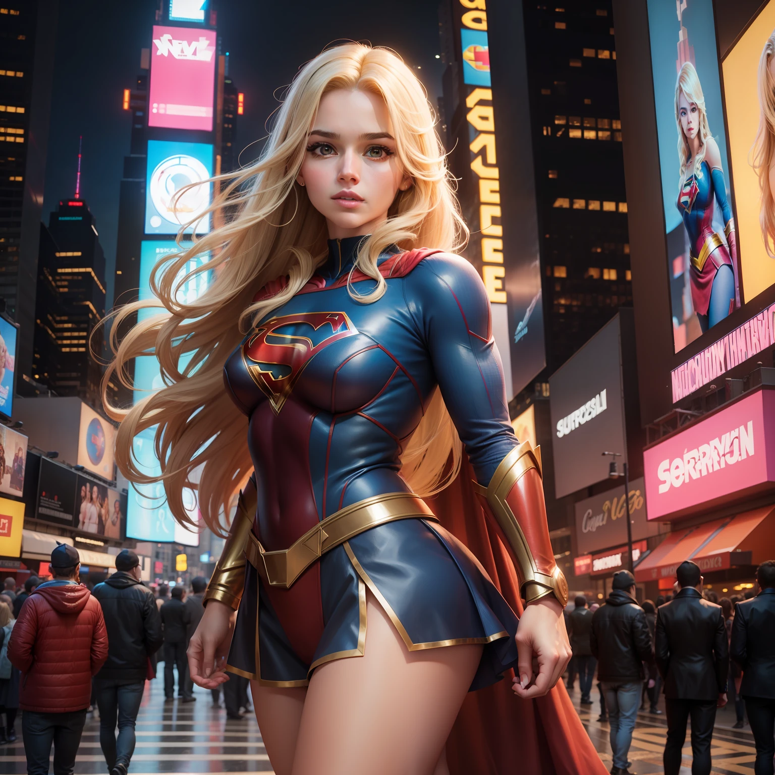 na Cidade de nova york, time square, Mulher bonita cabelo curto corpo definido seios grandes, vestindo cosplay de Supergirl