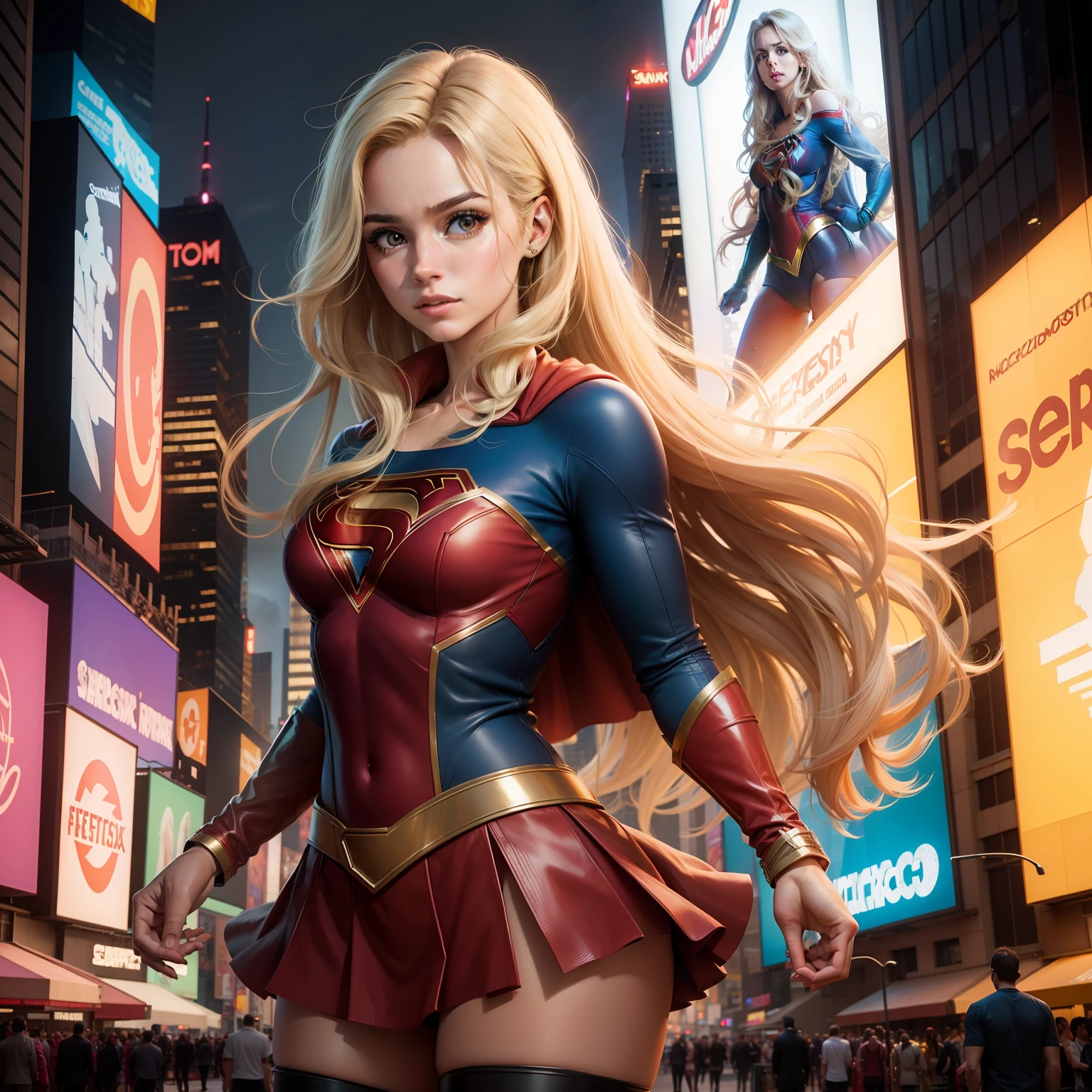na Cidade de nova york, time square, Mulher bonita cabelo curto corpo definido seios grandes, vestindo cosplay de Supergirl