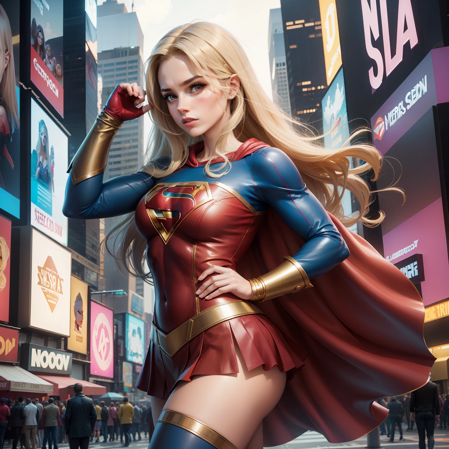 na Cidade de nova york, time square, Mulher bonita cabelo curto corpo definido seios grandes, vestindo cosplay de Supergirl