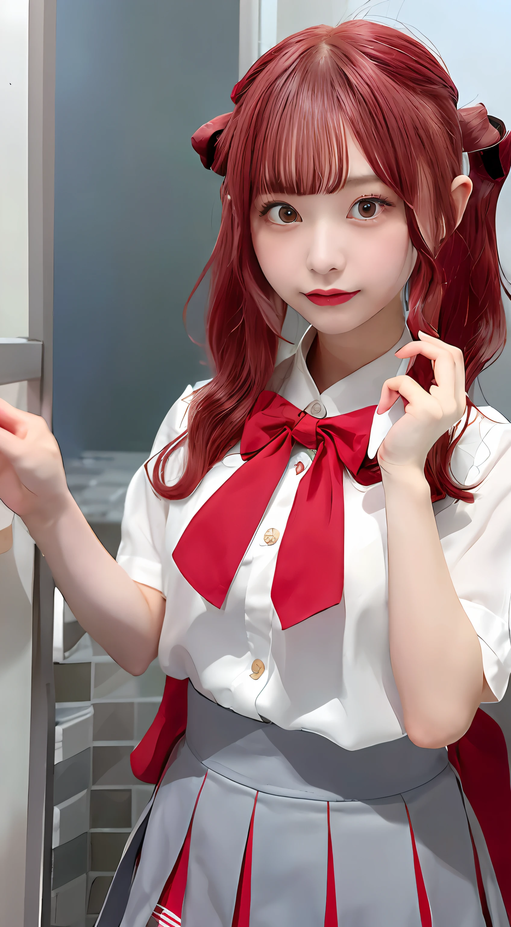 South Kotobuki\(oshi no ko\), 1girl in, 独奏,White uniform、Gray skirt,(Red hair:1.4),Red ribbons