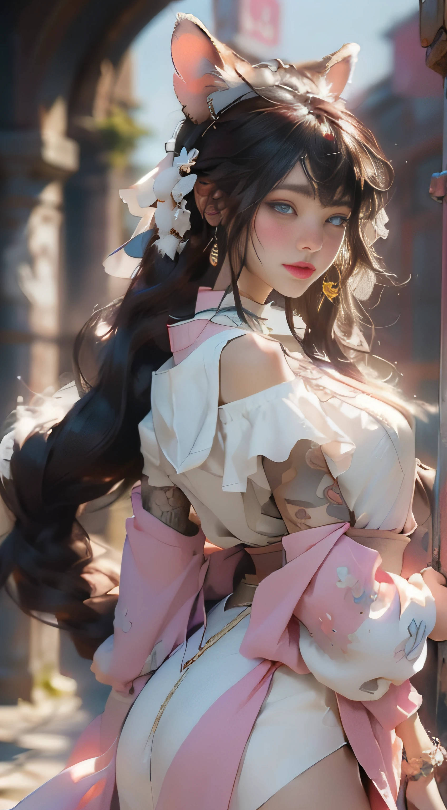 ((best qualtiy)), ((tmasterpiece)), (detail:1.4), Beautiful cyberpunk female images,hdr(HighDynamicRange),Ray traching,NVIDIA RTX,Hyper-Resolution,illusory 5,sub surface scattering,PBR textures,post-proces,Anisotropy Filtering,depth of fields,maximum definition and sharpness,Many-Layer Textures,Albedo e mapas Speculares,Surface coloring,Mitsu-Accurate simulation of material interactions,perfectly proportioned,rendering by octane,Two-colored light,largeaperture,Low ISO,White balance,Rule three points、8K raw data、Beautiful bright blue pupils,off-the-shoulder clothes,Fine pupils,Delicate face and eyes,long eyelasher,Blushlush,Delicate and fluffy hair,pink lip,Pure,Cute face,Sweet girl,Artistic sense,Casual wear,Advancedsense,butterflys,Cherry blossom petal,Beautiful hair accessories,Long hair and waist,Hair fluttering in the wind,Snow-white fox ears,curlies,Snow-white fluffy tail,Positive light,The light from the back window is backlighted