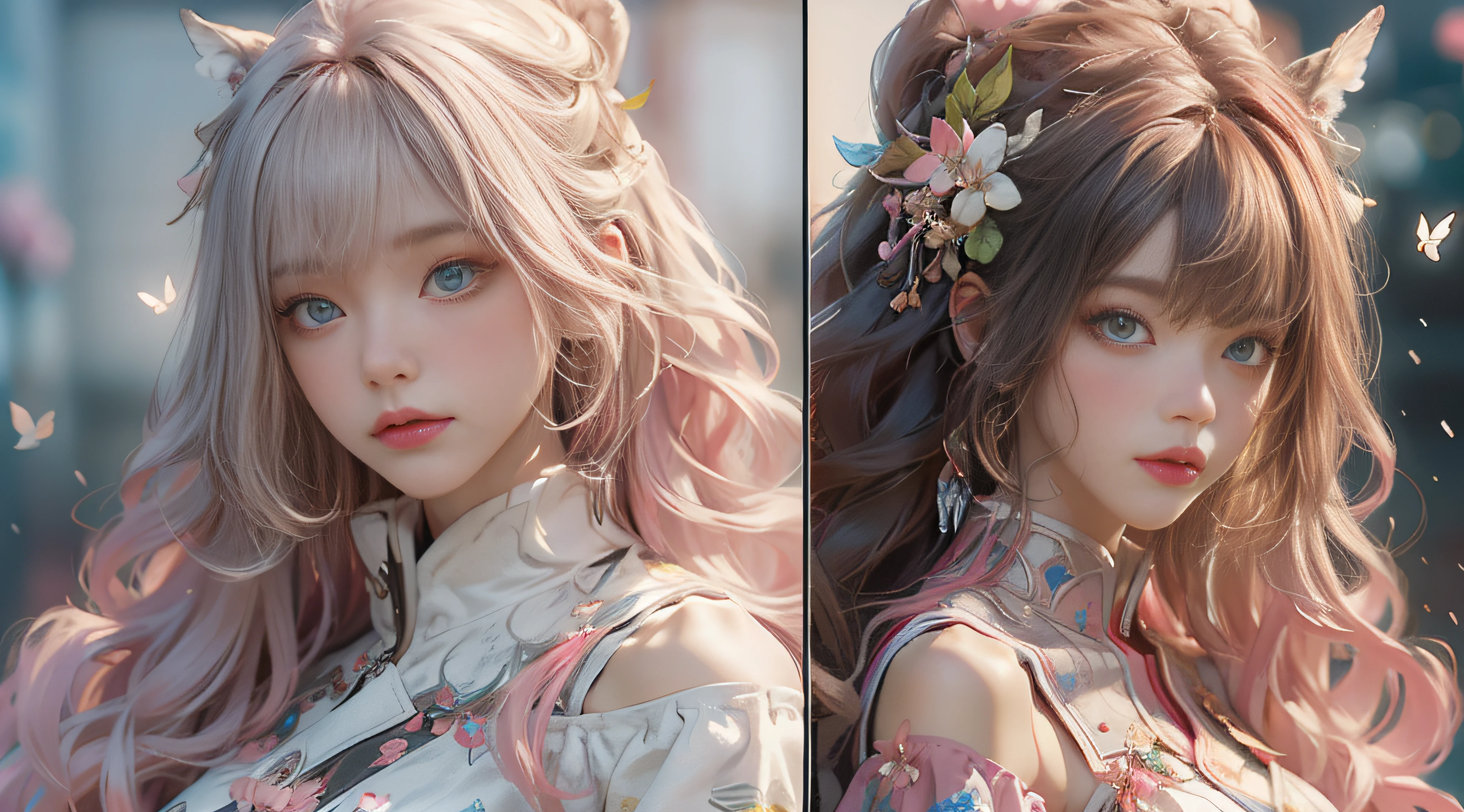 （（best qualtiy））， （（tmasterpiece））， （detail：1.4）， Beautiful cyberpunk female images，hdr（HighDynamicRange），Ray traching，NVIDIA RTX，Hyper-Resolution，illusory 5，sub surface scattering，PBR textures，post-proces，Anisotropy Filtering，depth of fields，maximum definition and sharpness，Many-Layer Textures，Albedo e mapas Speculares，Surface coloring，Mitsu-Accurate simulation of material interactions，perfectly proportioned，rendering by octane，Two-colored light，largeaperture，Low ISO，White balance，Rule three points、8K raw data、Beautiful bright blue pupils，off-the-shoulder clothes，Fine pupils，Delicate face and eyes，long eyelasher，Blushlush，Delicate and fluffy hair，pink lip，Pure，Cute face，Sweet girl，Artistic sense，Casual wear，Advancedsense，butterflys，Cherry blossom petal，Beautiful hair accessories，Long hair and waist，Hair fluttering in the wind，Snow-white fox ears，curlies，Lots of white and pink，Complicated details
