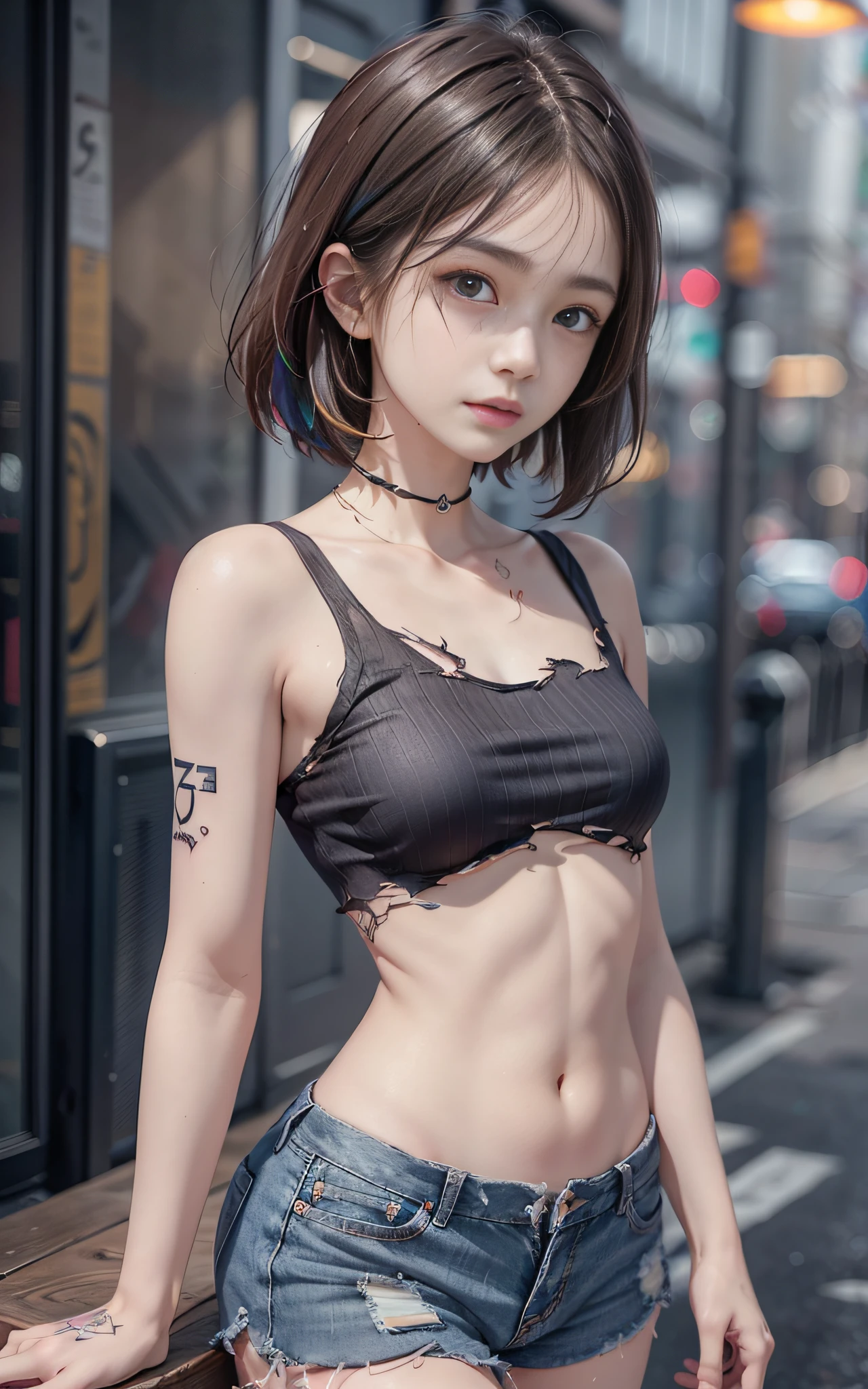 ((medium breast, tomboy girls, small head)),  (chiseled abs : 1.1), (perfect body : 1.1), (short wavy hair : 1.2) , auburn hair, collar, chain, full body shot, crowded street, wearing tanktop, jeans jacket, (torn clothes:1.3)((shorts)), (extremely detailed CG 8k wallpaper), (an extremely delicate and beautiful), (masterpiece), (best quality:1.0), (ultra highres:1.0),  beautiful lighting ,perfect lightning, realistic shadows, [highres], detailed skin, ultra-detailed (((colorful))),(tattoo all:1.5),