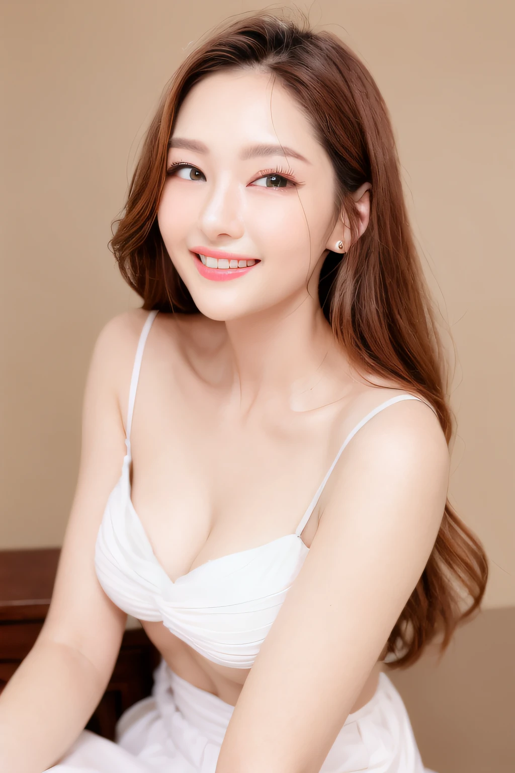 Alafed woman in white dress poses for photo, woman with porcelain skin, smooth glowing skin, Beautiful young Korean woman, Gorgeous young Korean woman, Young beautiful woman, smiling fashion model face, milky skin, Clear, Vivid and radiant skin, Beautiful young asian woman, Sparkling porcelain skin, smooth porcelain skin, happy fashion model face, photoshoot for skincare brand