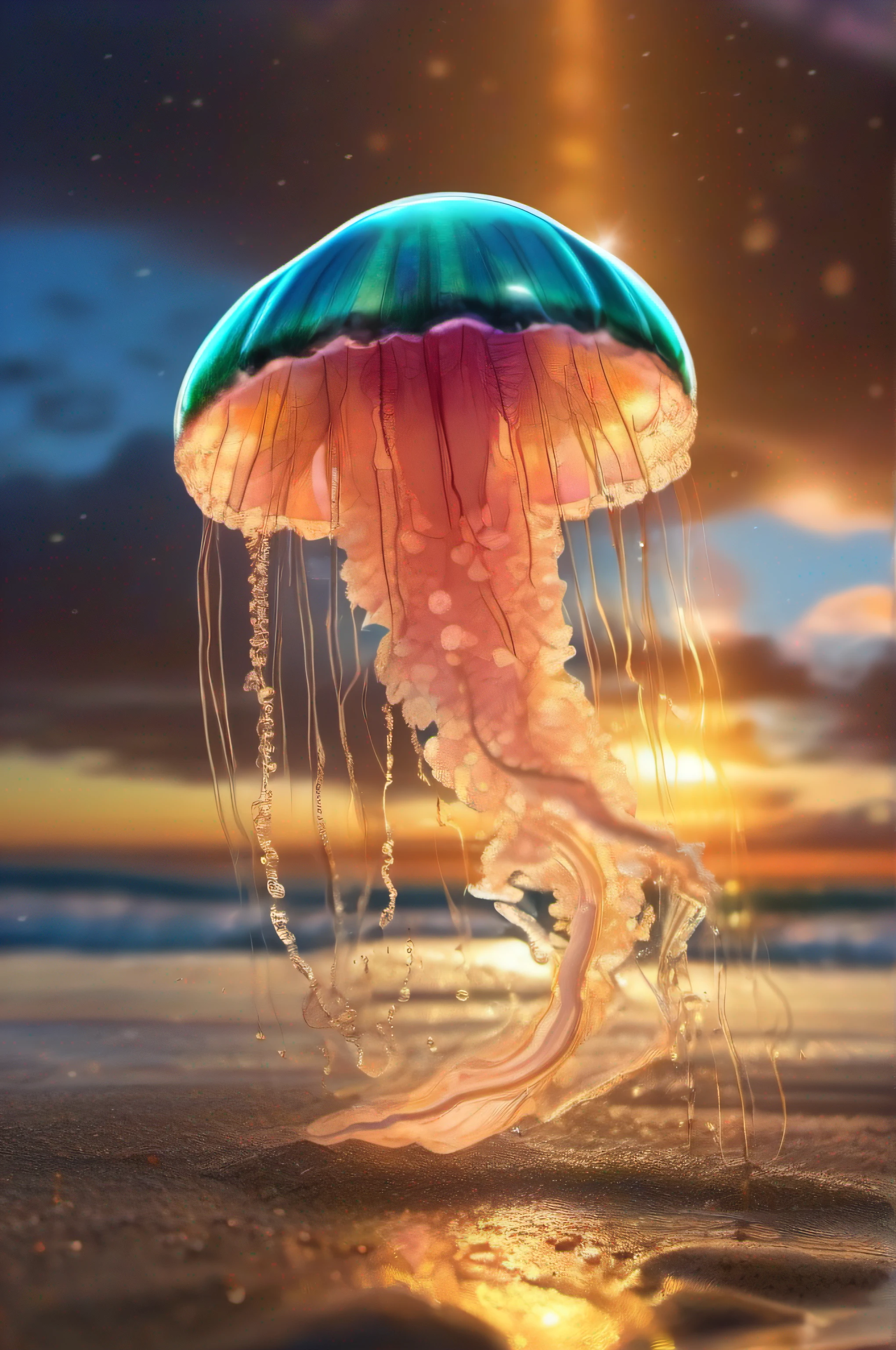 8k wallpaper,Bright style,rainbowing,Crystal clear jellyfish,sandbeach,with light glowing,rays of sunshine,