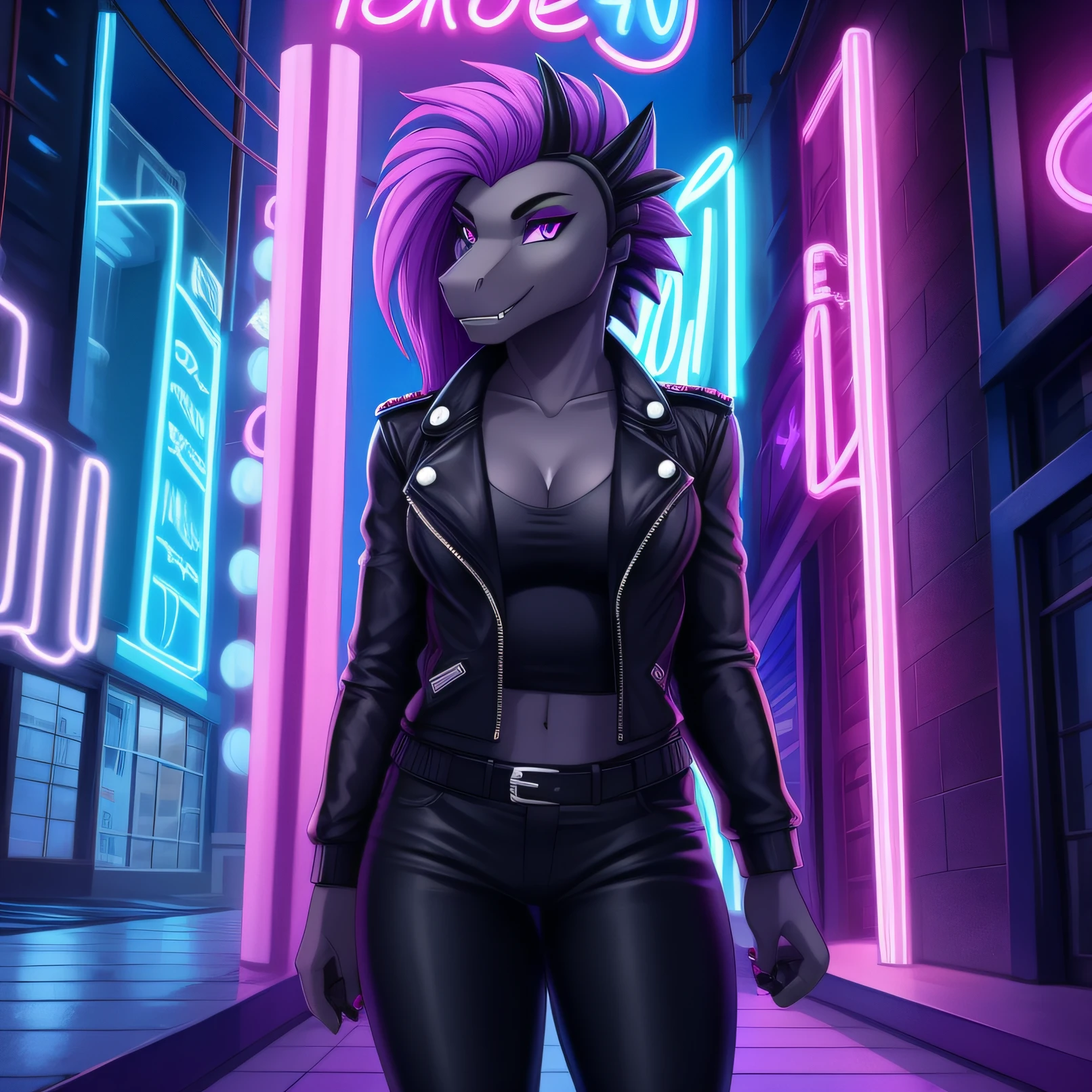 A black female Yanchugosaurus with purple eyes and neon hair, Dressed in a black leather jacket and pants against the backdrop of a neon city