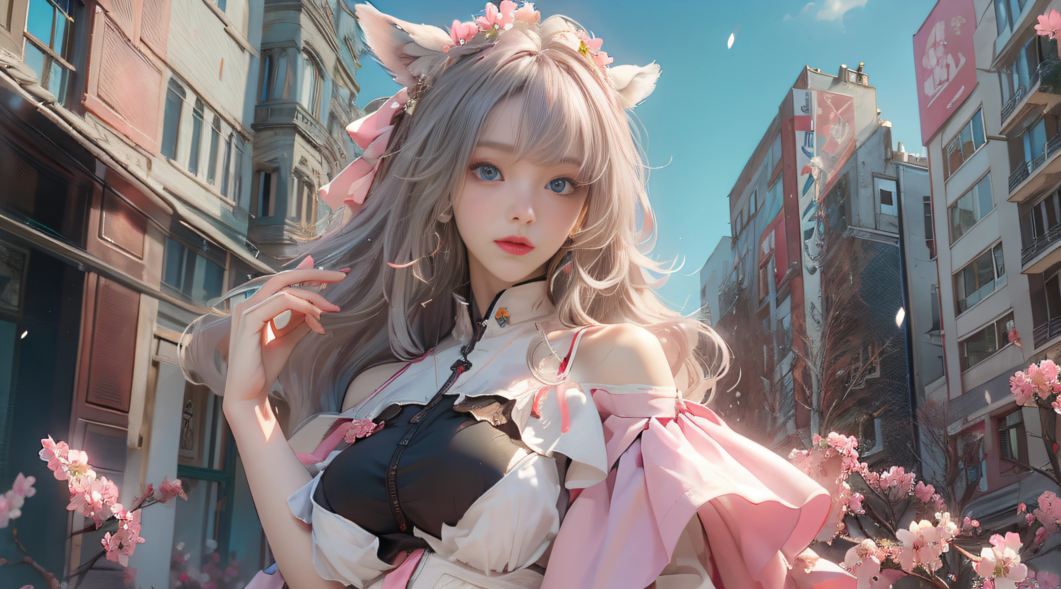 （（best qualtiy））， （（tmasterpiece））， （detail：1.4）， Beautiful cyberpunk female images，hdr（HighDynamicRange），Ray traching，NVIDIA RTX，Hyper-Resolution，illusory 5，sub surface scattering，PBR textures，post-proces，Anisotropy Filtering，depth of fields，maximum definition and sharpness，Many-Layer Textures，Albedo e mapas Speculares，Surface coloring，Mitsu-Accurate simulation of material interactions，perfectly proportioned，rendering by octane，Two-colored light，largeaperture，Low ISO，White balance，Rule three points、8K raw data、Beautiful bright blue pupils，off-the-shoulder clothes，Fine pupils，Delicate face and eyes，long eyelasher，Blushlush，Delicate and fluffy hair，pink lip，Pure，Cute face，Sweet girl，Artistic sense，Casual wear，Advancedsense，butterflys，Cherry blossom petal，Beautiful hair accessories，Long hair and waist，Hair fluttering in the wind，Snow-white fox ears，curlies，Lots of white and pink，Complicated details