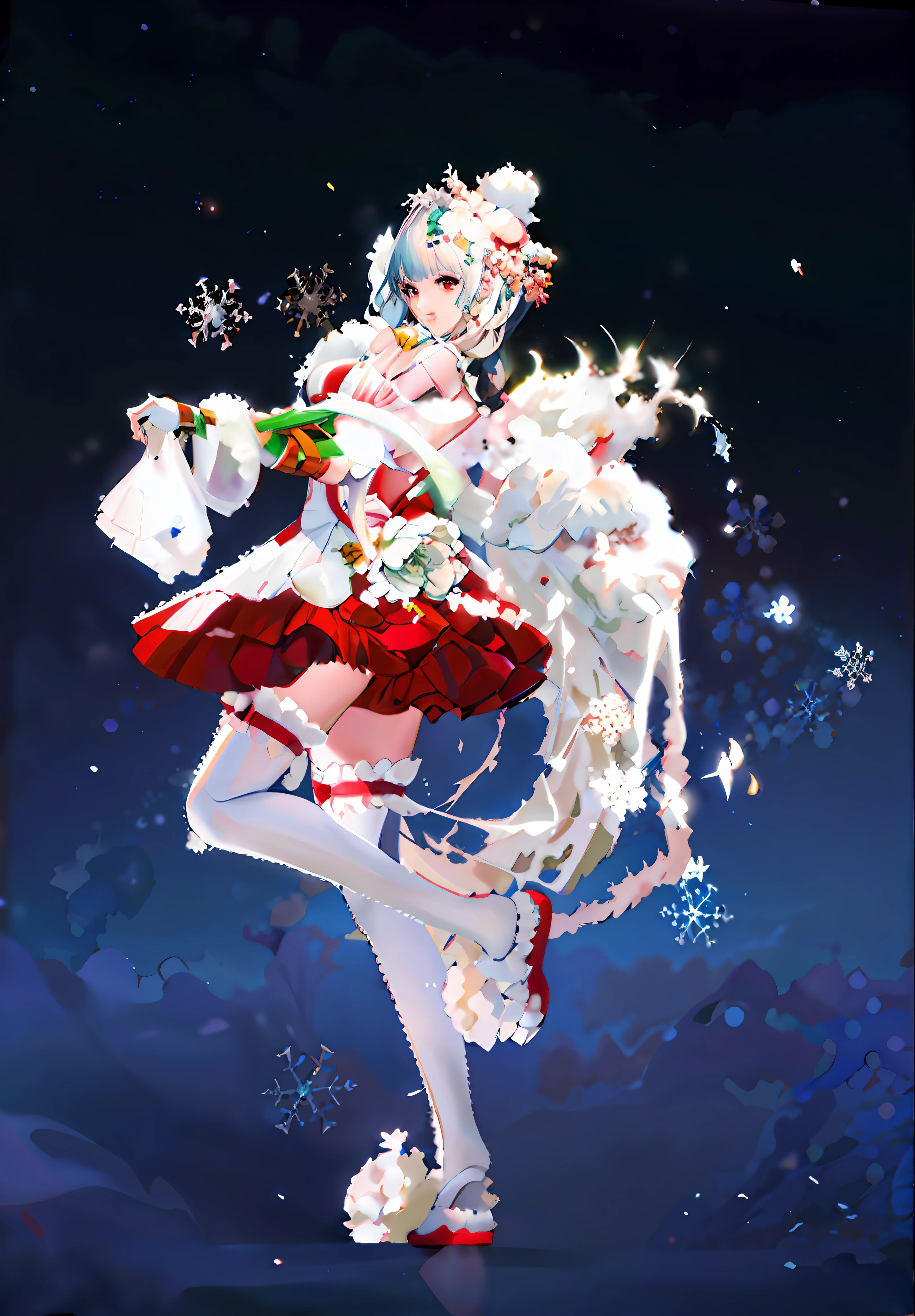 Anime girl wearing white dress with red and white horse, holding a pudica pose, twintails white_mitts, ingame image, anime barbie in white stockings, azur lane style, festivity, seasons!! : 🌸 ☀ 🍂 ❄, twirl, spellcasting pose, winterthorn blessing, goddess of winter, elegant floating pose, anime barbie in white，Trends on CGSTATION，8k high quality detail art，Exquisite fanart with high detail，Smooth anime CG art，Extremely detailed footage of the goddess