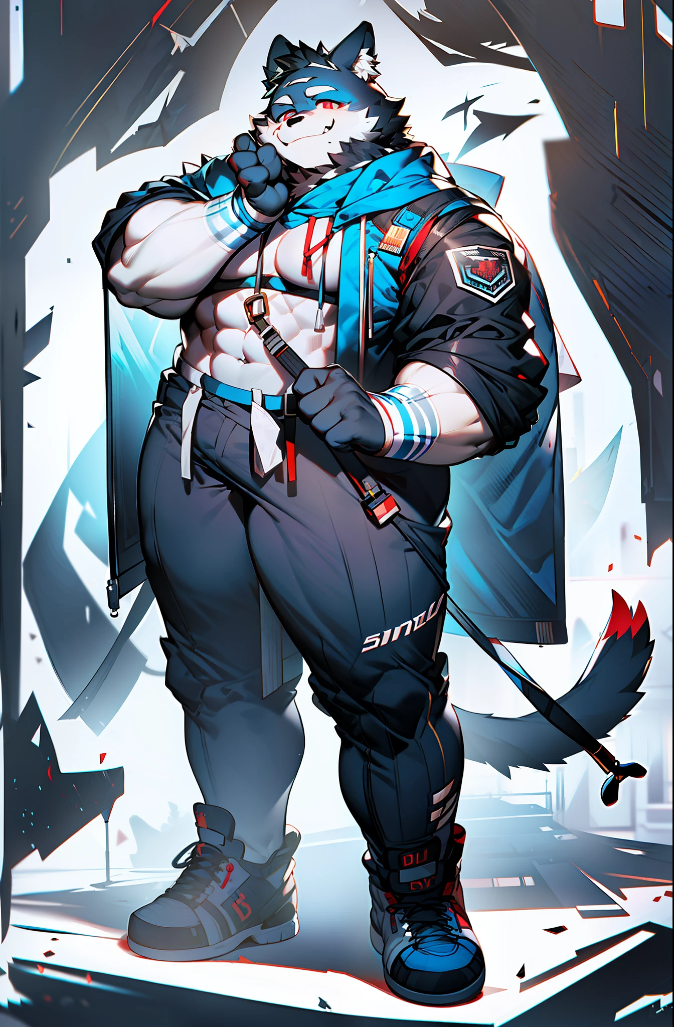 coyote,Furry,Dark blue pattern,Black hair,musculature,Muscle men,nakeness,Strong,ultraclear,Has a large ,Collar,Black shorts,Black sclera,red pupils,Abs,Red coat,The erection,Collar,Has a large ,der riese,tit,Solo,Stout arms,Storm jacket,Badge,Pronounced abs,ssmile,lbeard,Dim lighting,Dark atmosphere,subway station background,Dim light