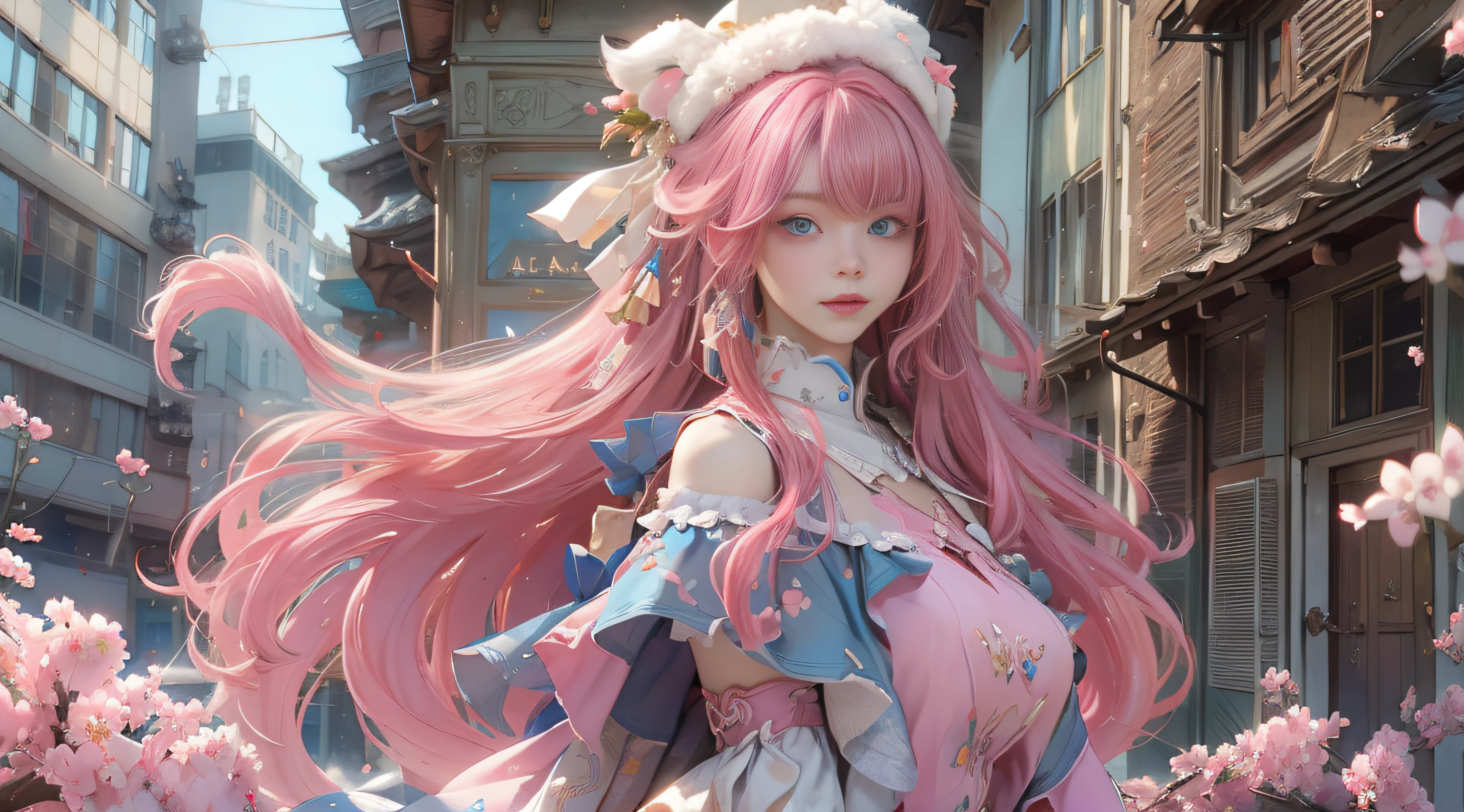 ((best qualtiy)), ((tmasterpiece)), (detail:1.4), Beautiful cyberpunk female images,hdr(HighDynamicRange),Ray traching,NVIDIA RTX,Hyper-Resolution,illusory 5,sub surface scattering,PBR textures,post-proces,Anisotropy Filtering,depth of fields,maximum definition and sharpness,Many-Layer Textures,Albedo e mapas Speculares,Surface coloring,Mitsu-Accurate simulation of material interactions,perfectly proportioned,rendering by octane,Two-colored light,largeaperture,Low ISO,White balance,Rule three points、8K raw data、Beautiful bright blue pupils,off-the-shoulder clothes,Fine pupils,Delicate face and eyes,long eyelasher,Blushlush,Delicate and fluffy hair,pink lip,Pure,Cute face,Sweet girl,Artistic sense,Casual wear,Advancedsense,butterflys,Cherry blossom petal,Beautiful hair accessories,Long hair and waist,Hair fluttering in the wind,Snow-white fox ears,curlies,Lots of white and pink,Complicated details