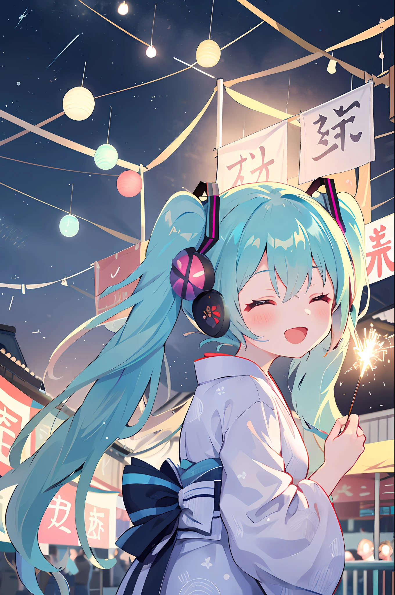 1 girl in、((miku hatsune))、Floral yukata、Summer Festivals、((Turn around))、Looking at the camera、navy blue yukata、Smile with open mouth、closed eyes smile、sparklers、Festival stalls、(High resolution of the highest quality)、((Masterpiece Highest Quality:1.2)), [[bad face]], [[Multiple fingers]], [[[multiple limbs]]]