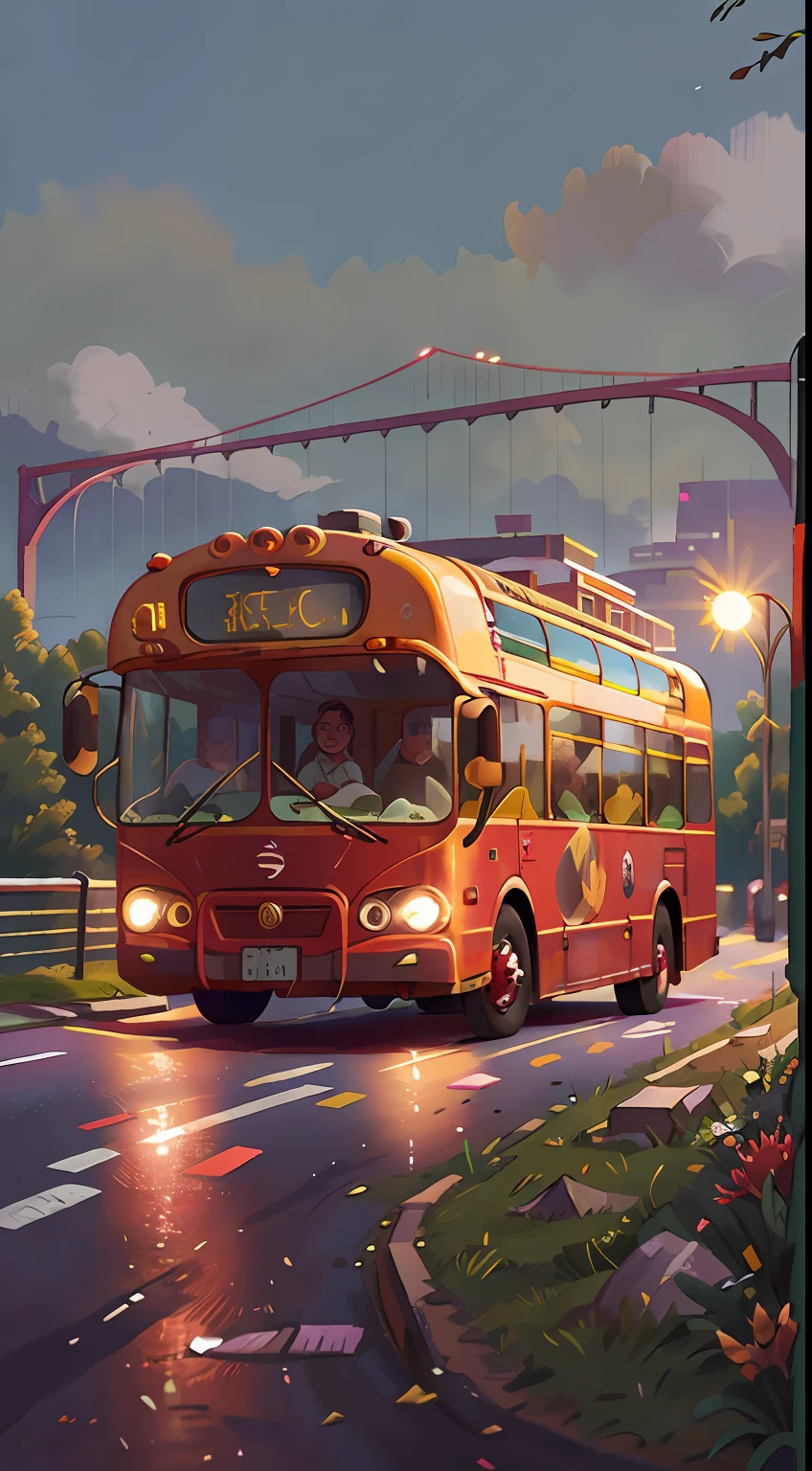 bus on the bridge, perfect quality, clear focus (clutter - home: 0.8), (masterpiece: 1.2) (realistic: 1.2) (bokeh) (best quality) (detailed skin: 1.3) (complex details) (8K) (sharp focus), clean background, white background, long view composition, 85MM SHOT