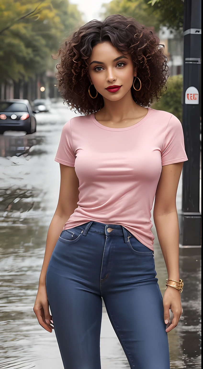 ((Best Quality, 8k, Masterpiece:1.3)), Focus: 1.2, Perfect Body Beauty: 1.4, front looking 1.2, ((Lo curly ng Hair)), (Light Pink round neck plain Tee-shirt, regular fitting:1.1) , (Rainy, Street:1.3), Dark gray skinny torn jeans, full length jeans: 1.1, Highly detailed face and skin texture, Detailed eyes, Double eyelids, toned body, Whitened skin, smile, black curly hair's, heels, firm breasts, firm thiges, looking at camera, fashion shoot style, walking style, full body length tee-shirt, Short sleeves, high heels, beautiful feet's, casual jewelry, big earrings, hand bangle's and golden watch. Carrying brown hand bag, dark red lipstick, regular fit tee-shirt.