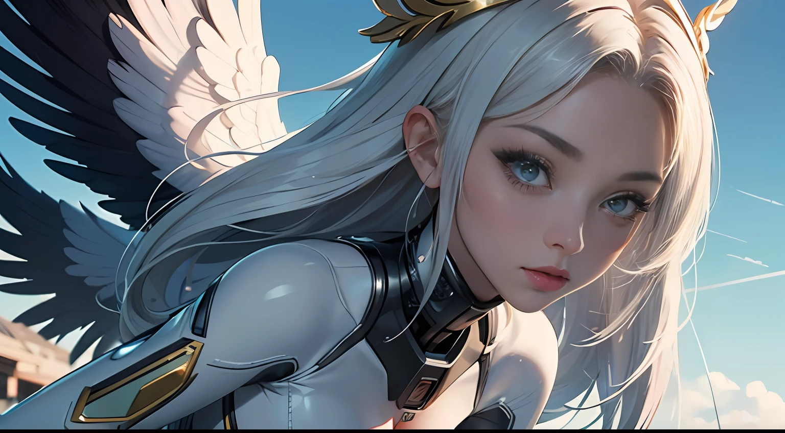 (best quality: 1.6), (masterpiece: 1.4), intricate detail, (cute gorgeous gorgeous 20 year old korean girl: 1.3), (1 girl: 1.3), (detailed sky: 1.2), (white latex Wearing a bodysuit: 1.3), angel, angelwings, (cybernetic halo: 1.3), (small head: 1.4), (big breasts: 1.2), detailed eyes detailed pupils multiple eyes,