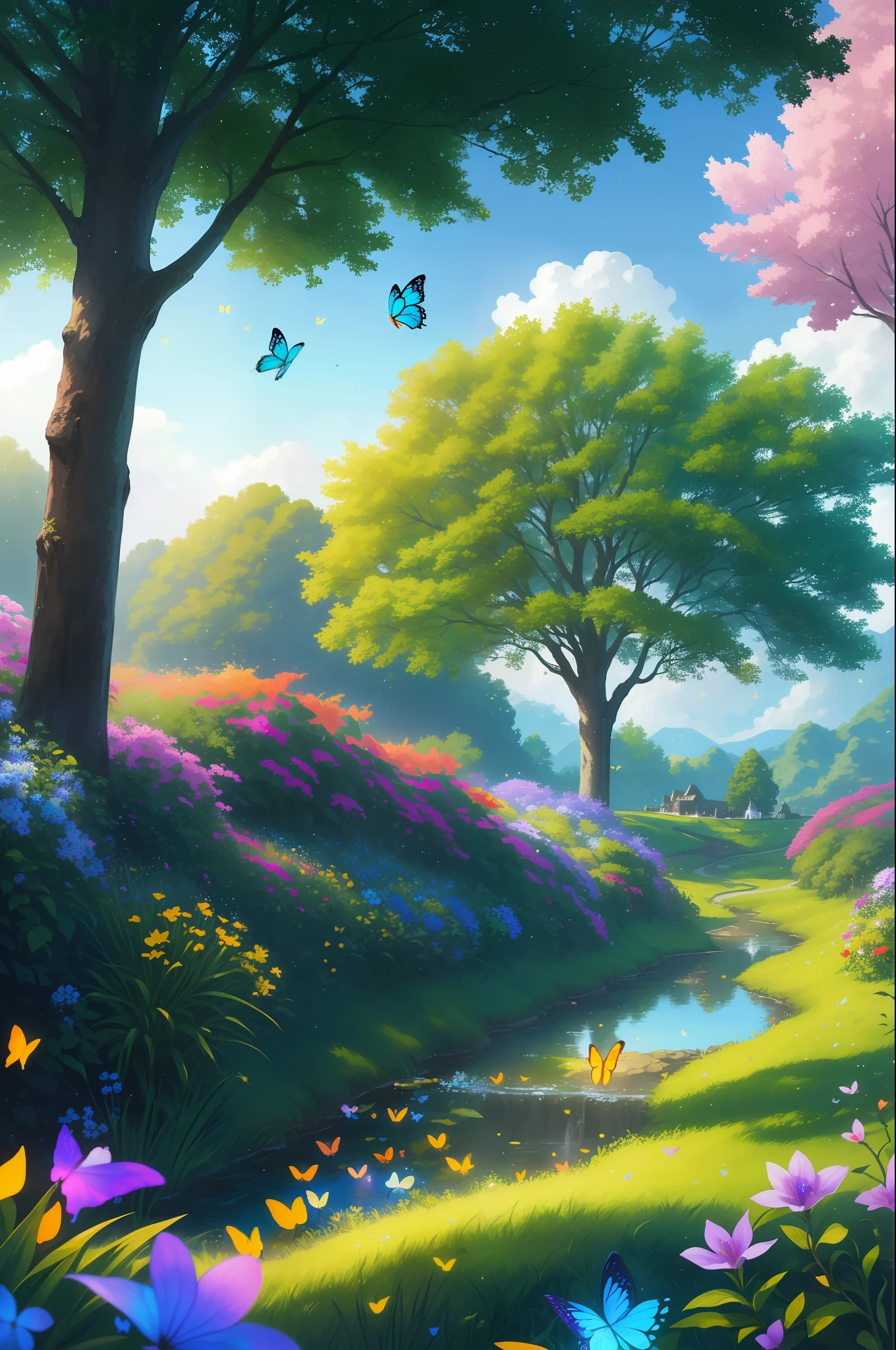 masterpiece, best quality, high quality, extremely detailed cg unity 8k wallpaper, )an extremely colorful and purely fantasy environment with vibrant hues and a bright sky), landscape of bright green grass, colorful trees, glittering fruits, and bright blue flowers, (the streams are a deep shade of blue green), and the air is filled with sweet exotic scents, (the environment appears to be taken out of a dream), with luminescent butterflies and giant colorful birds flying around, award winning photography, bokeh, depth of field, hdr, bloom, chromatic aberration, photorealistic:1.3, extremely detailed, trending on artstation, trending on cgsociety, intricate, high detail, dramatic, art by midjourney,