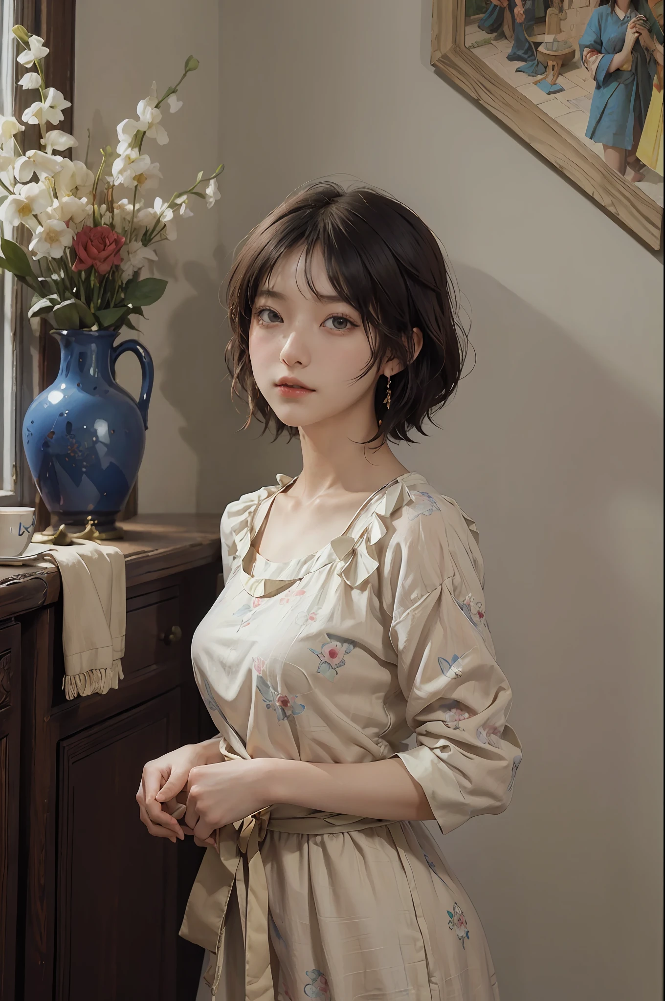(RAW Photography、top-quality)、(realisitic、Photorealsitic:1.3)、top-quality、high-detail、​masterpiece、ultra-detailliert、illustratio、1girl、((very_short_hair))、dynamic ungle、world masterpiece theater、((Regular_hairstyle))、top-quality、the Extremely Detailed CG Unity 8K Wallpapers、inky、magnifica、电影灯光、lens_flare、dunhuang_style、Beautiful brick wall、vases、Hotels in London、poster on wall