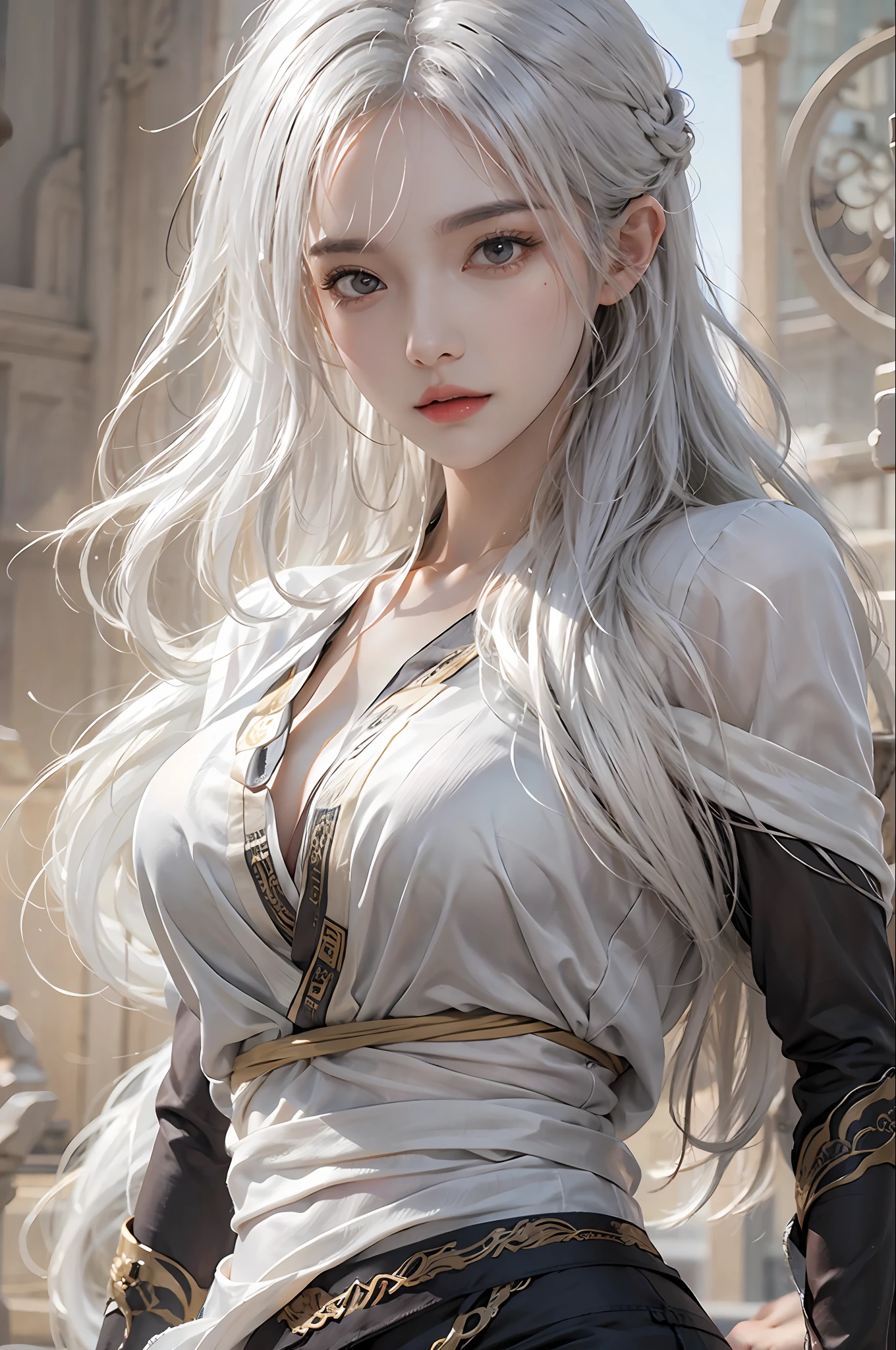 photorealistic, high resolution, 1 women, solo, hips up, look at viewer, (detailed face), white hair, long hair, medium breasts, black kungfu clothes