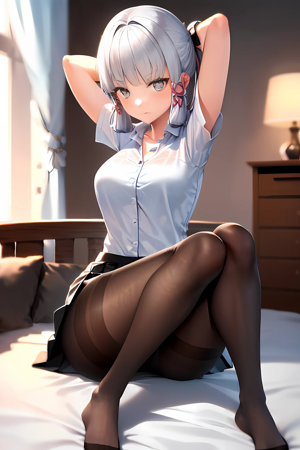 (((1 girl)),ray tracing,(dim lighting),[detailed background (bedroom)),((silver hair)),((silver hair)),(Fluffy silver hair, plump and slender girl))) with high ponytail))) Avoid golden eyes in the ominous bedroom ((((Girl wears a white shirt, black wrinkled skirt with black transparent pantyhose), showing a delicate slim figure and graceful curves, correct limbs, sitting on the bed with hands behind her head, Put both hands behind your head