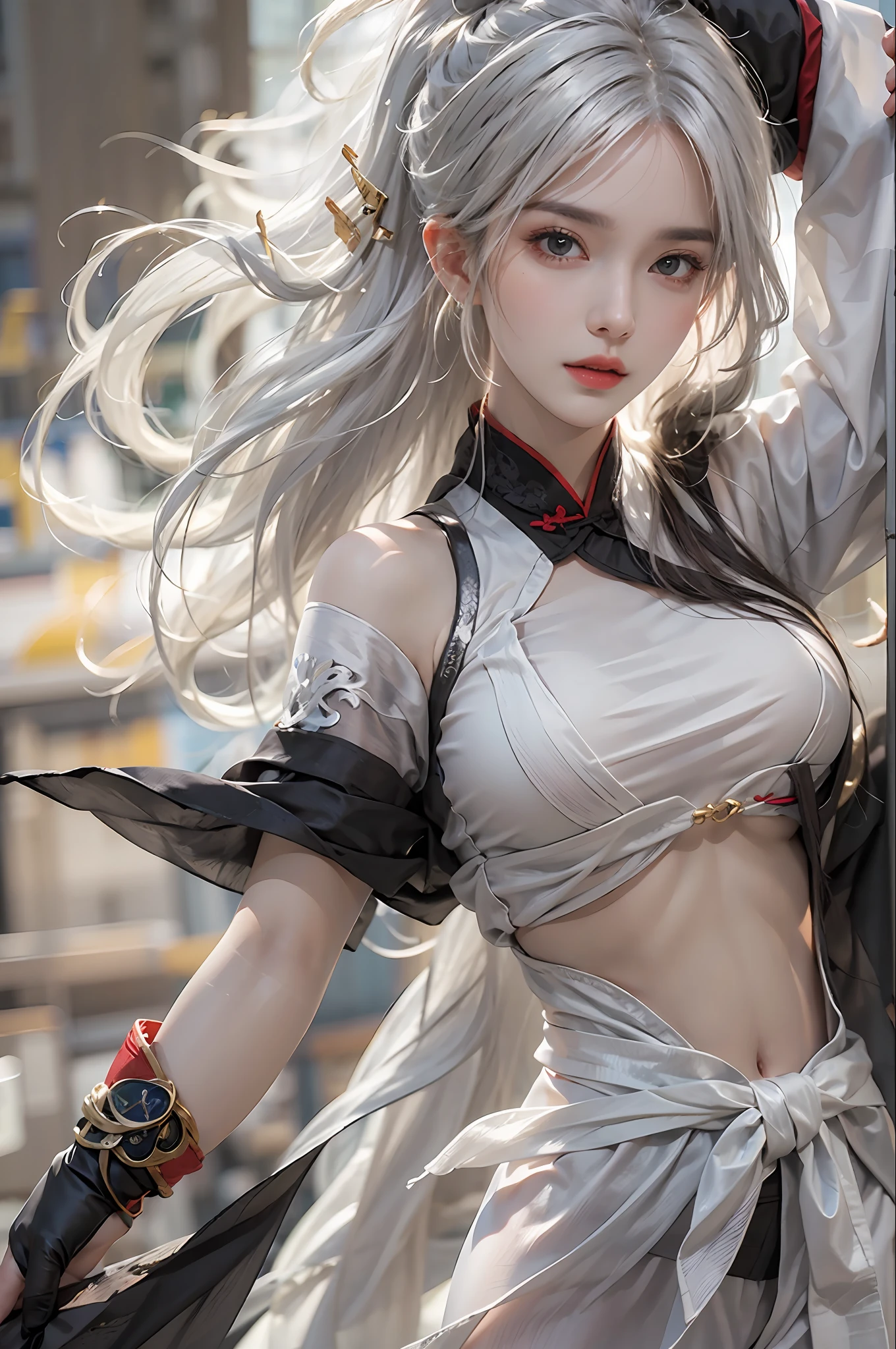 photorealistic, high resolution, 1 women, solo, hips up, look at viewer, (detailed face), white hair, long hair, medium breasts, black kungfu clothes