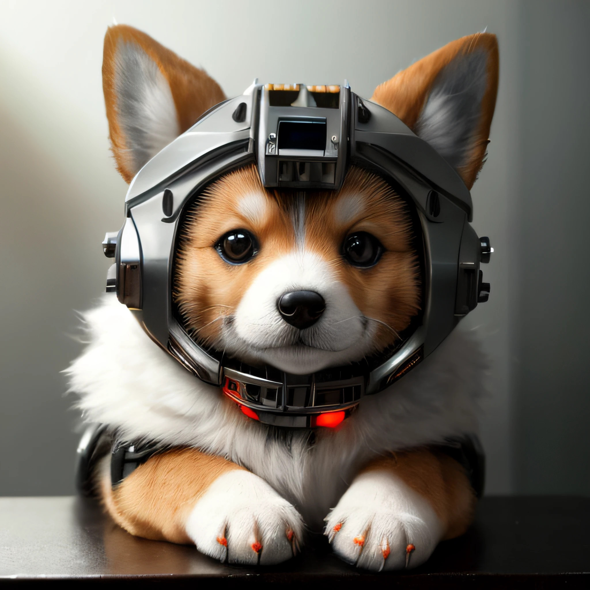 cute cybernetic corgi puppy, (cyborg:1.4), (intricate details), hdr, (intricate details, hyperdetailed:1.2), cinematic shot, centered, stark lighting, looking away from camera, hyperrealism hyperdetailed fur, real dog fur, accurate dog paws