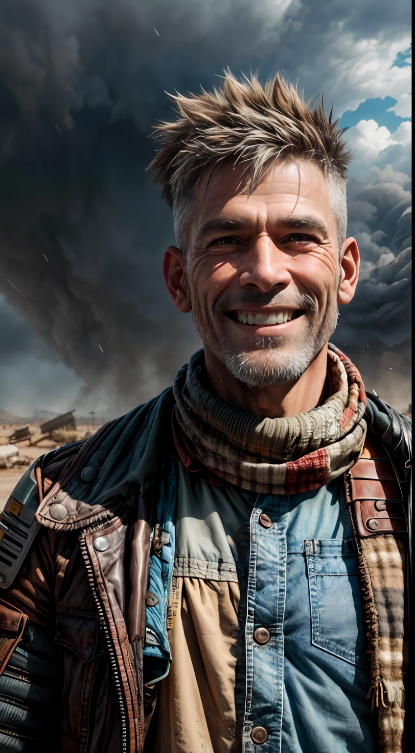 A Punk from the Wasteland stands in the middle of the Wasteland (((portraite of a, a closeup of a, Smiling))), engulfed in swirling dust storms. The camera zooms in on a man, capturing the intensity in his eyes, when he looks into the distance. The details of his weathered clothes and makeshift armor become clearer with each zoom, Patchwork quilt made of materials, sewn together. When the zoom reaches its peak, The focus shifts to his hands, who hold disposed weapons in their hands, demonstration of the character's resourcefulness and survival skills. The hint is implemented in the style of 3D sculpture, Using a combination of modeling and texturing techniques to bring the character and environment to life.