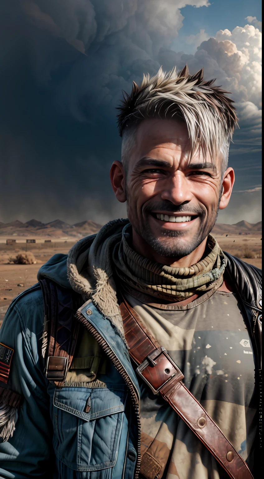 A Punk from the Wasteland stands in the middle of the Wasteland (((portraite of a, a closeup of a, Smiling))), engulfed in swirling dust storms. The camera zooms in on a man, capturing the intensity in his eyes, when he looks into the distance. The details of his weathered clothes and makeshift armor become clearer with each zoom, Patchwork quilt made of materials, sewn together. When the zoom reaches its peak, The focus shifts to his hands, who hold disposed weapons in their hands, demonstration of the character's resourcefulness and survival skills. The hint is implemented in the style of 3D sculpture, Using a combination of modeling and texturing techniques to bring the character and environment to life.